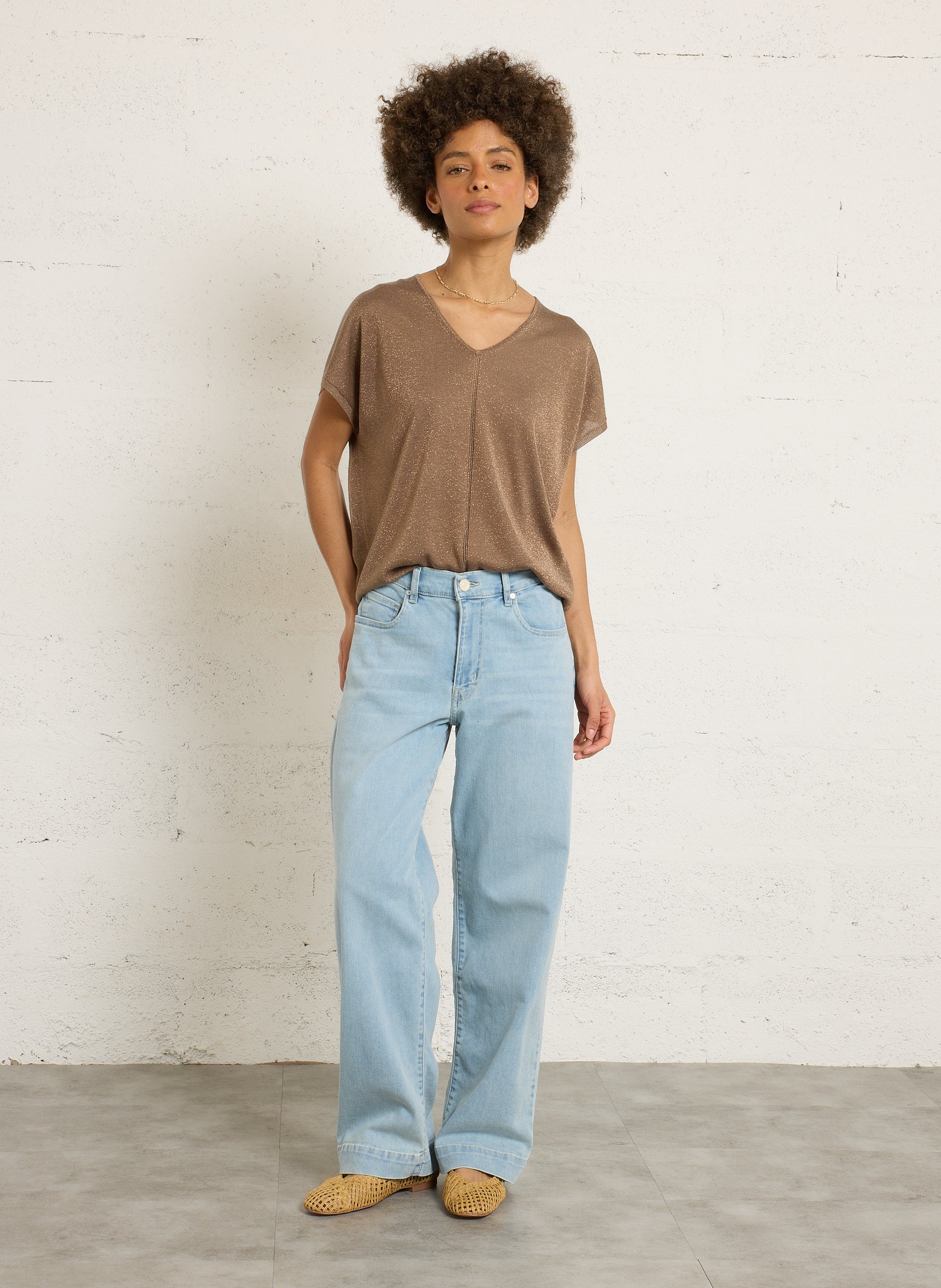 Ruime V-hals trui met pailletten SUD EXPRESS Bruin