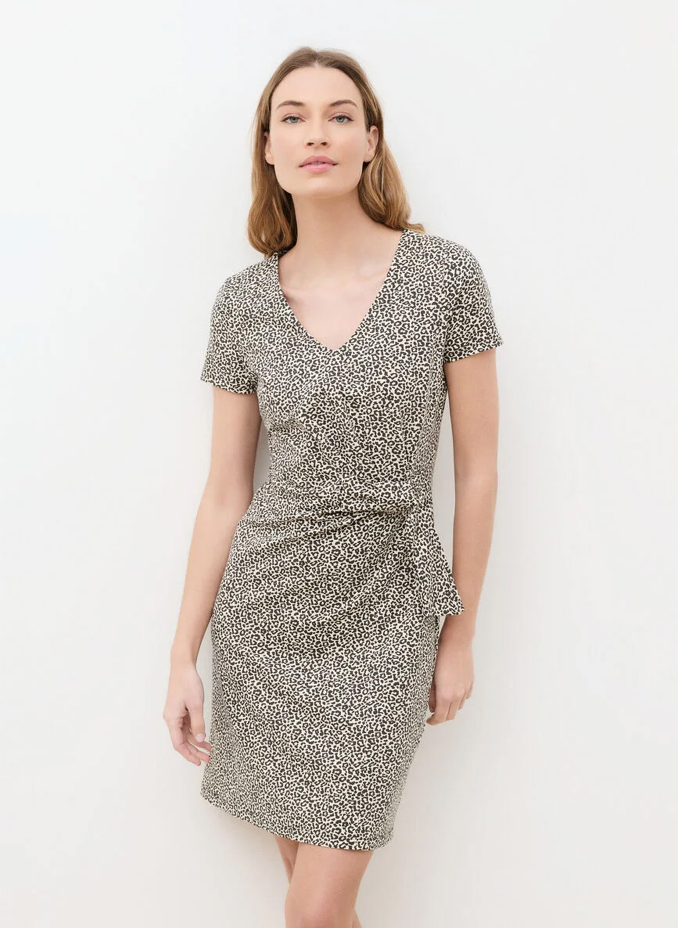 Robe courte col V en coton mélangé CAROLL Beige