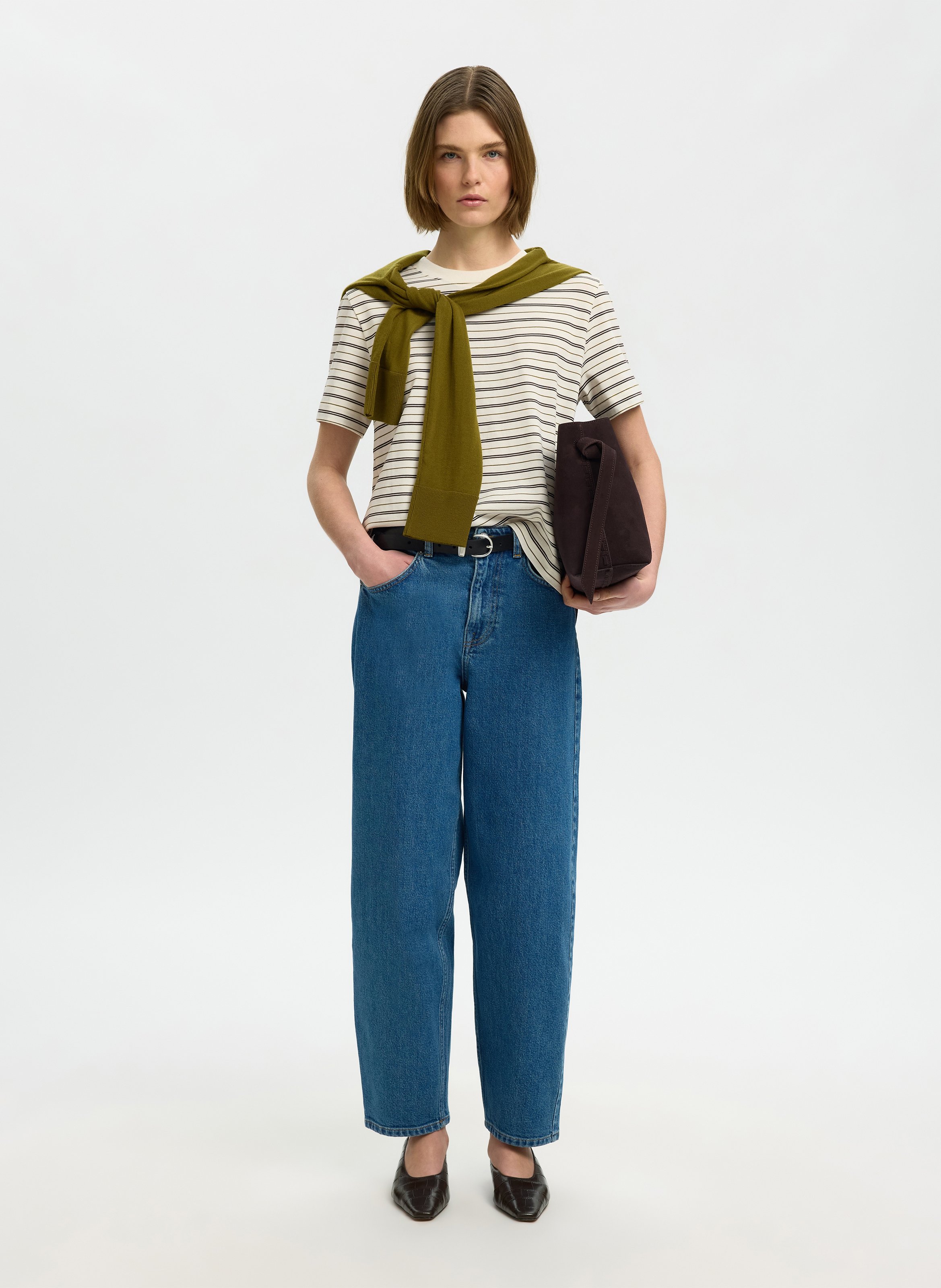 Tee-shirt droit en coton bio rayé | Marron SELECTED Femme