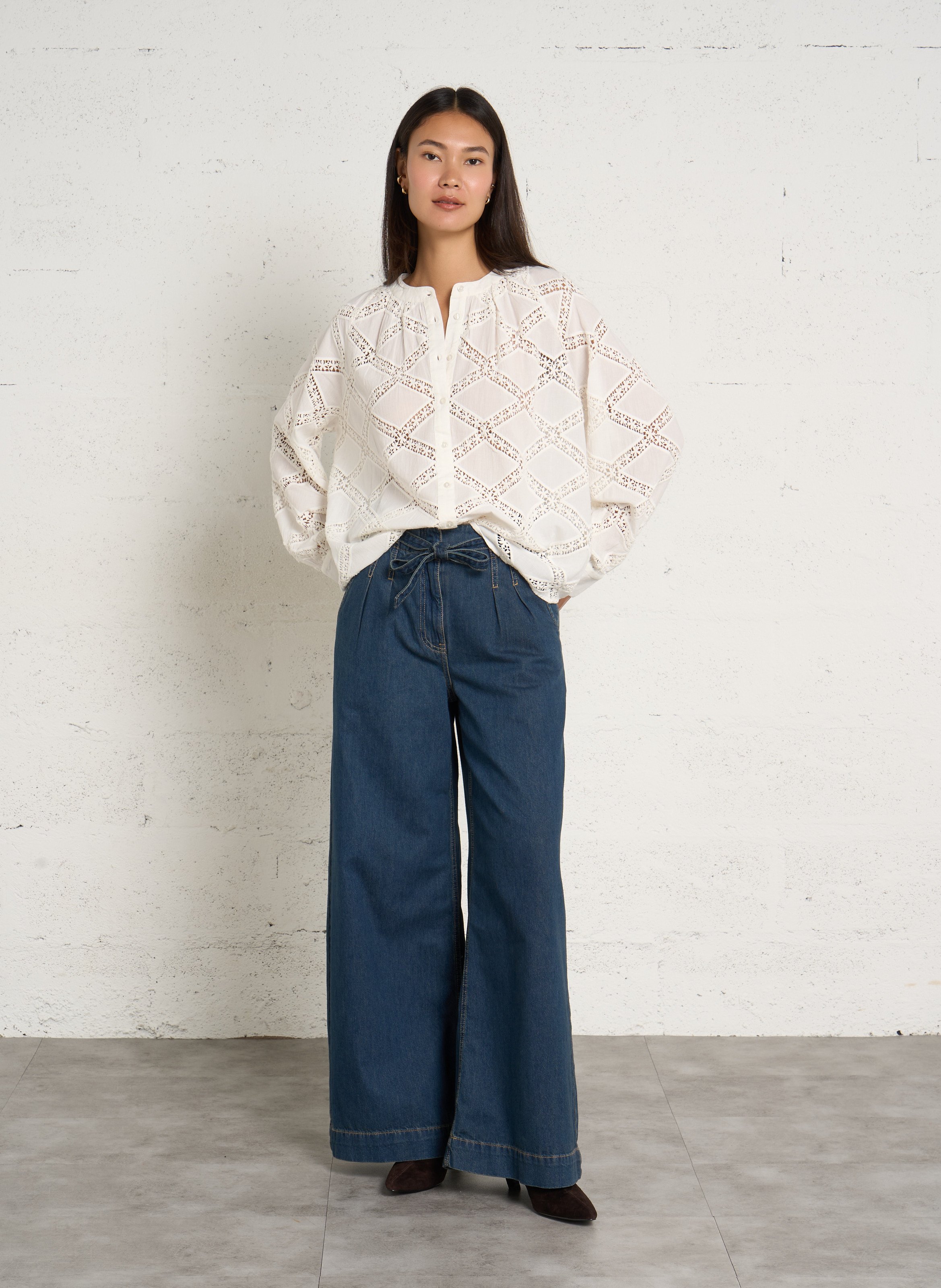 Chemisier oversize à motifs en dentelle en coton PETITE MENDIGOTE Beige