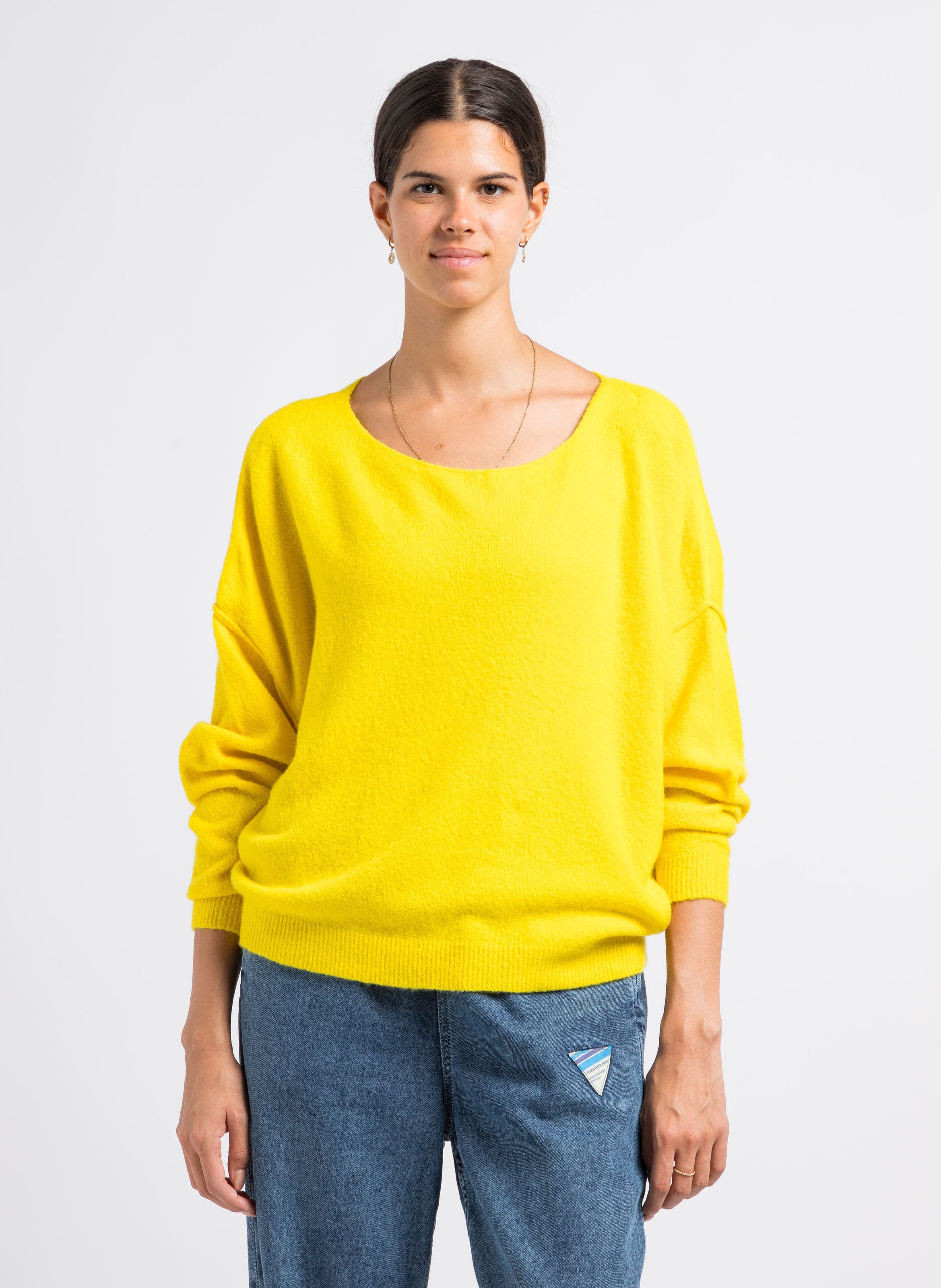 Pull col bateau en laine m lang e Jaune