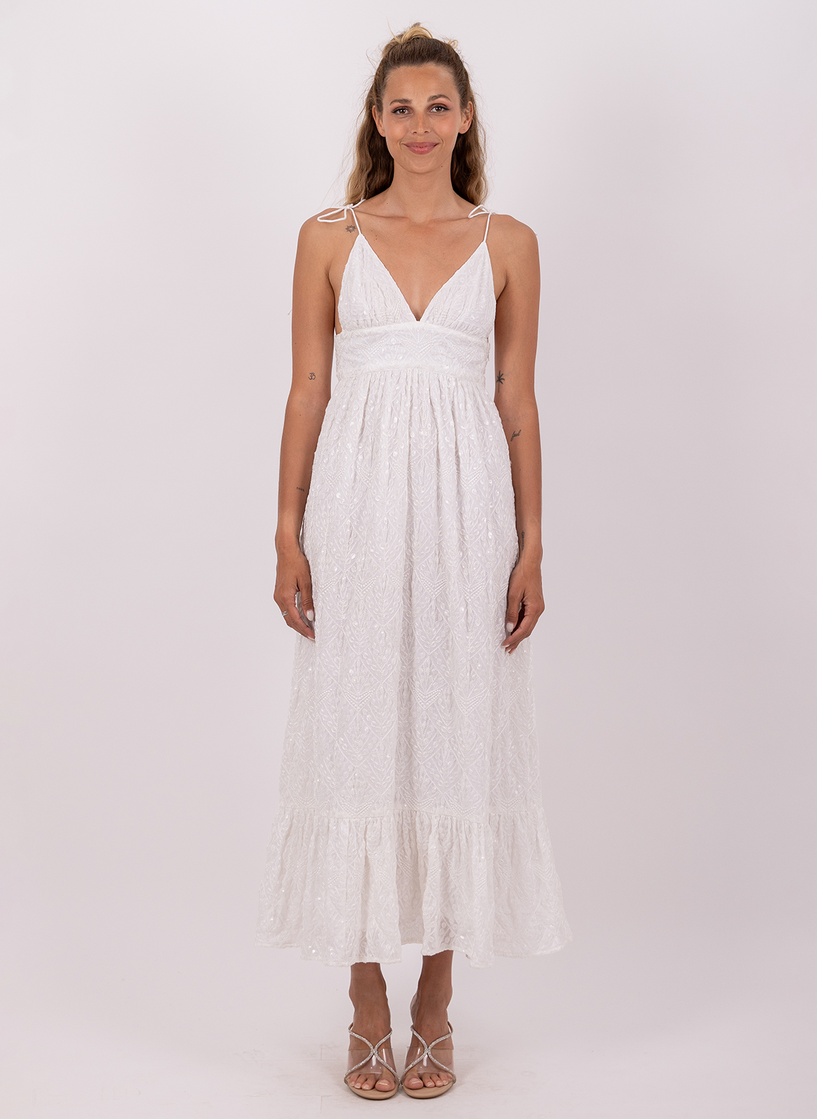 Robe longue brodée à bretelles fines SUNDRESS Blanc