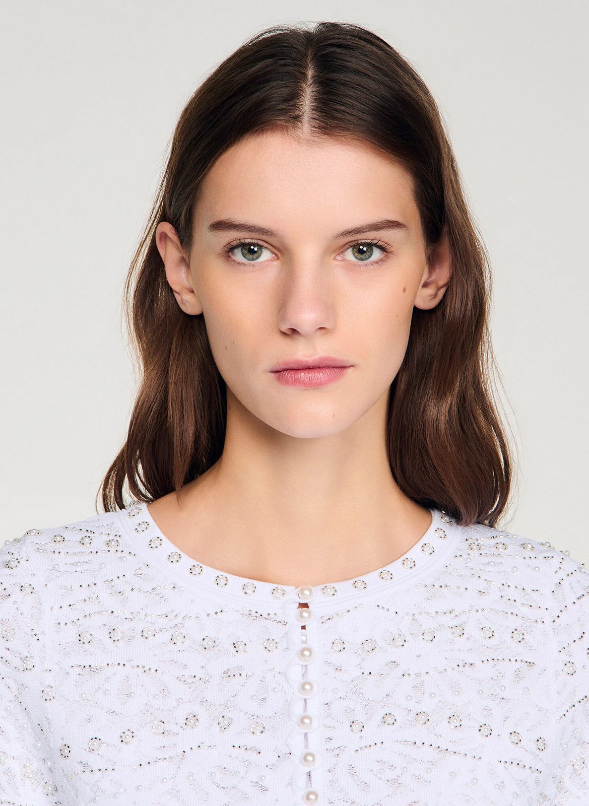 Gilet col rond en dentelle SANDRO Blanc