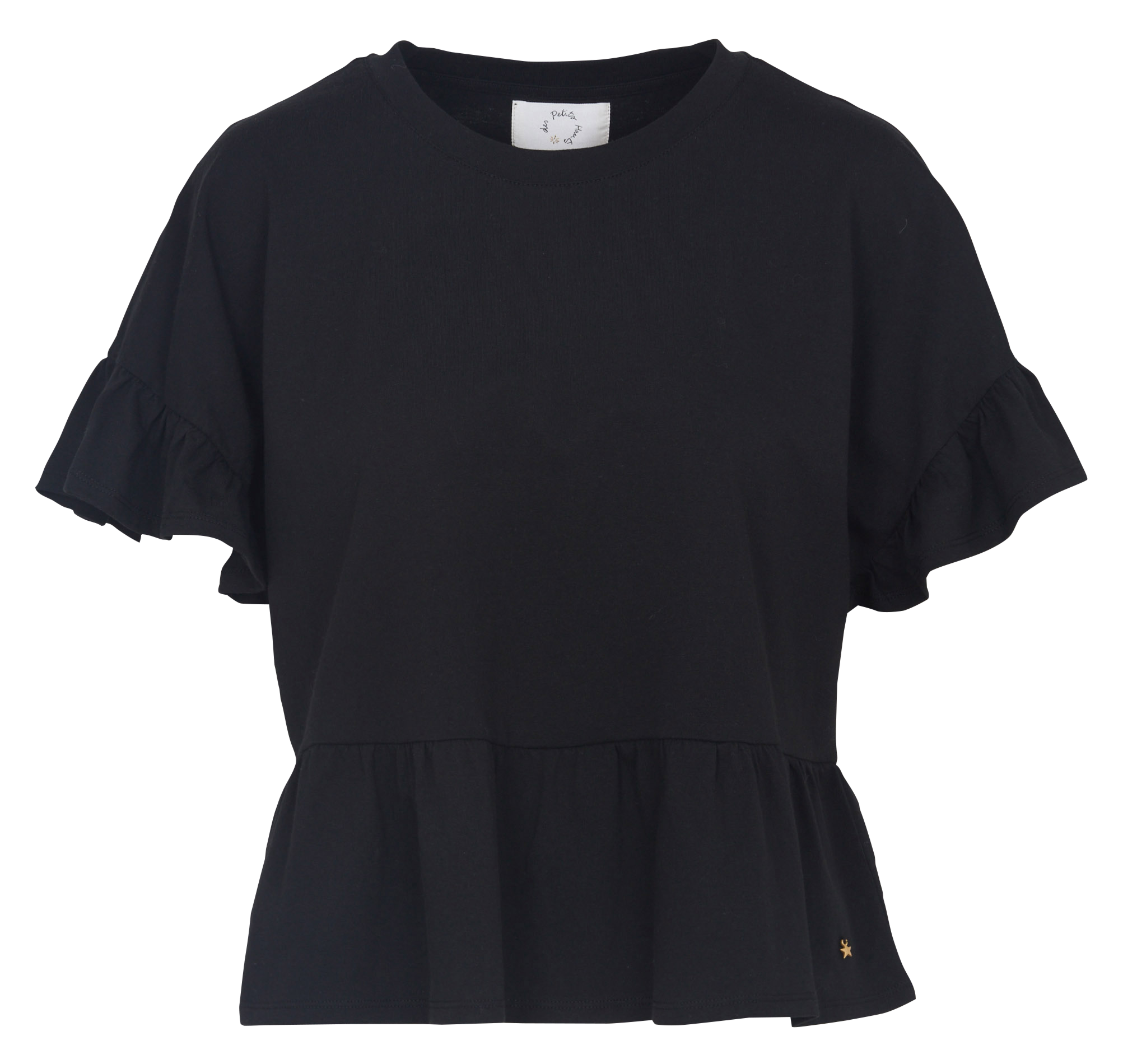 Tee-shirt droit col rond volanté en coton DES PETITS HAUTS Noir
