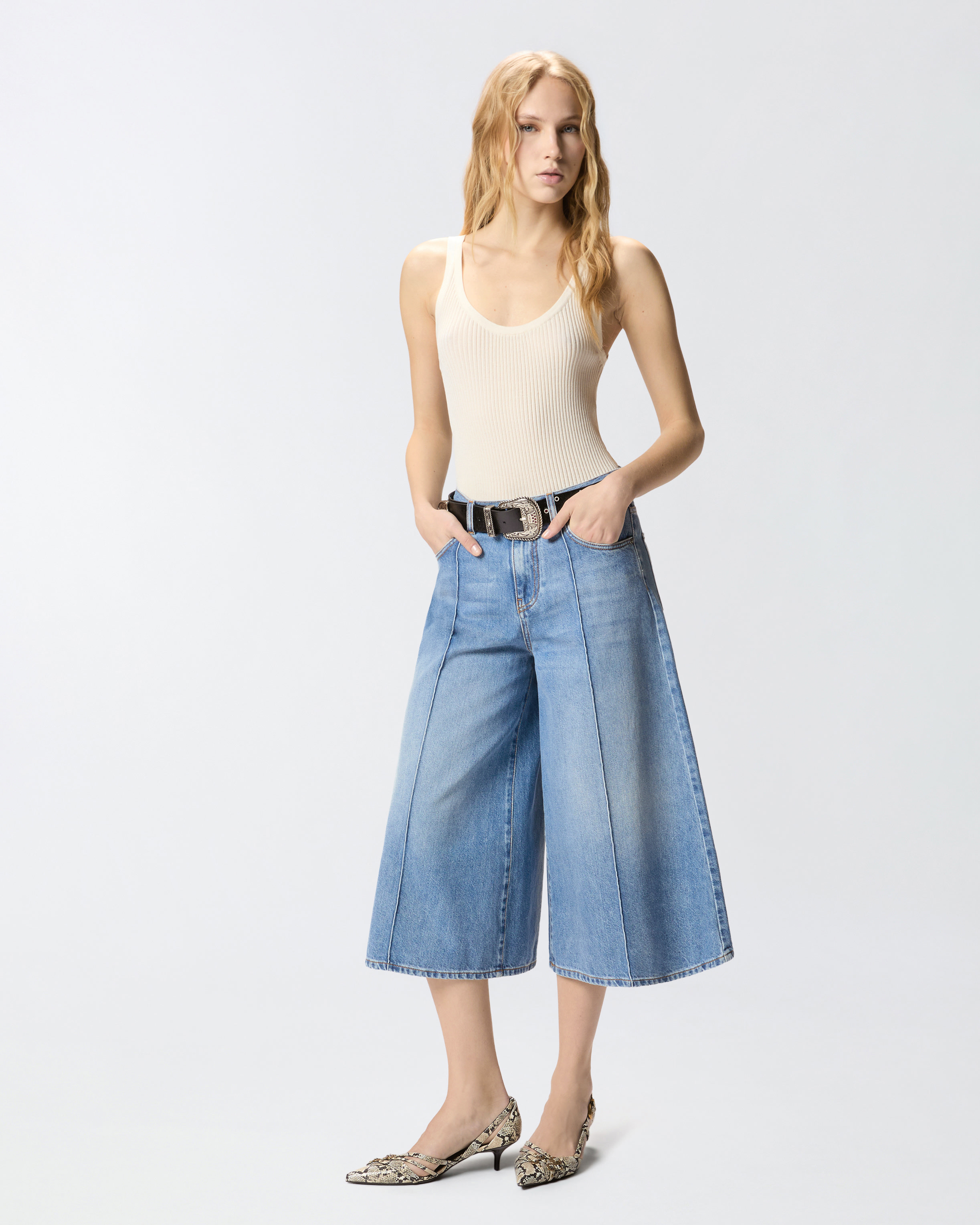 Bermuda wide leg en denim PINKO Bleu