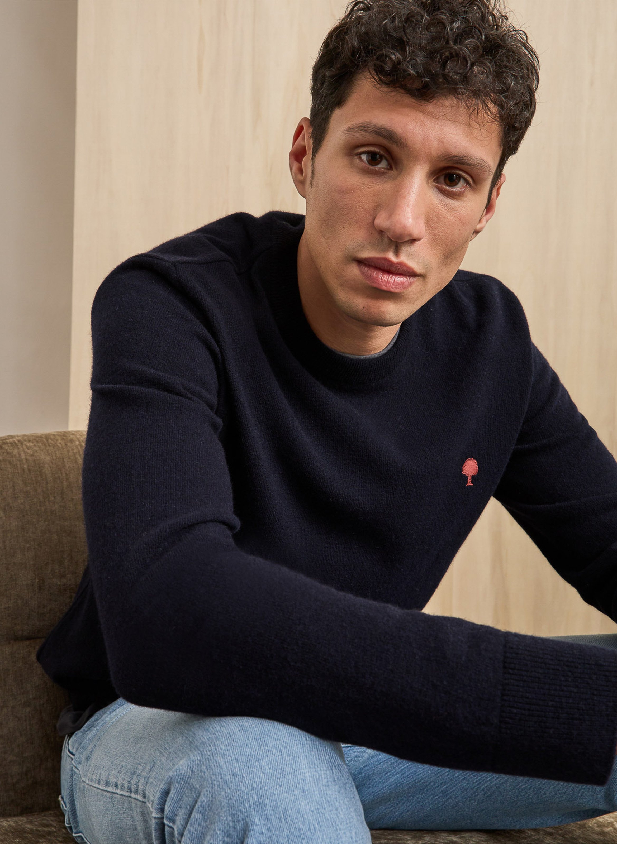 Pull col rond droit en laine mélangée FAGUO Bleu