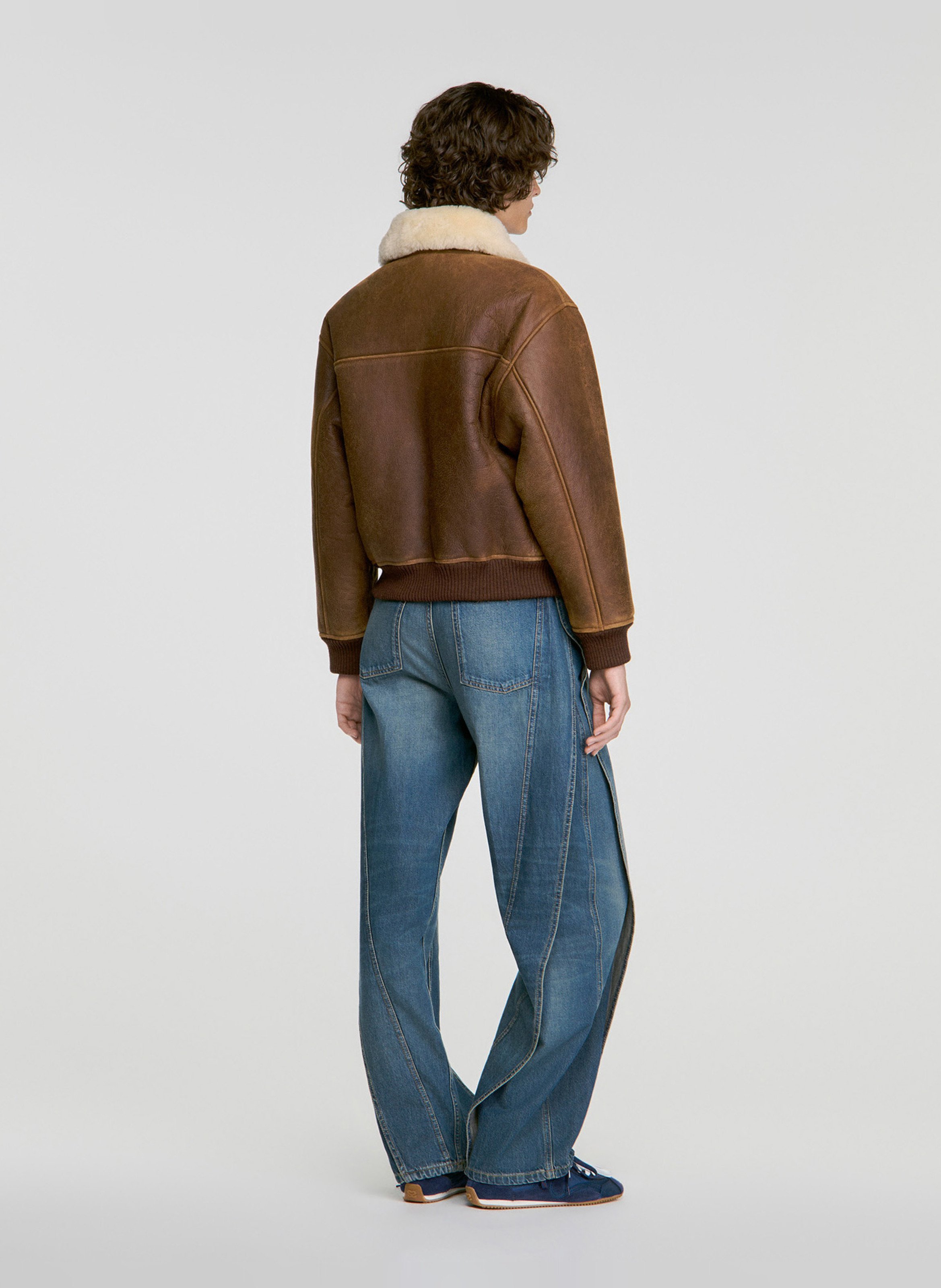 Blouson droit en cuir SANDRO Marron