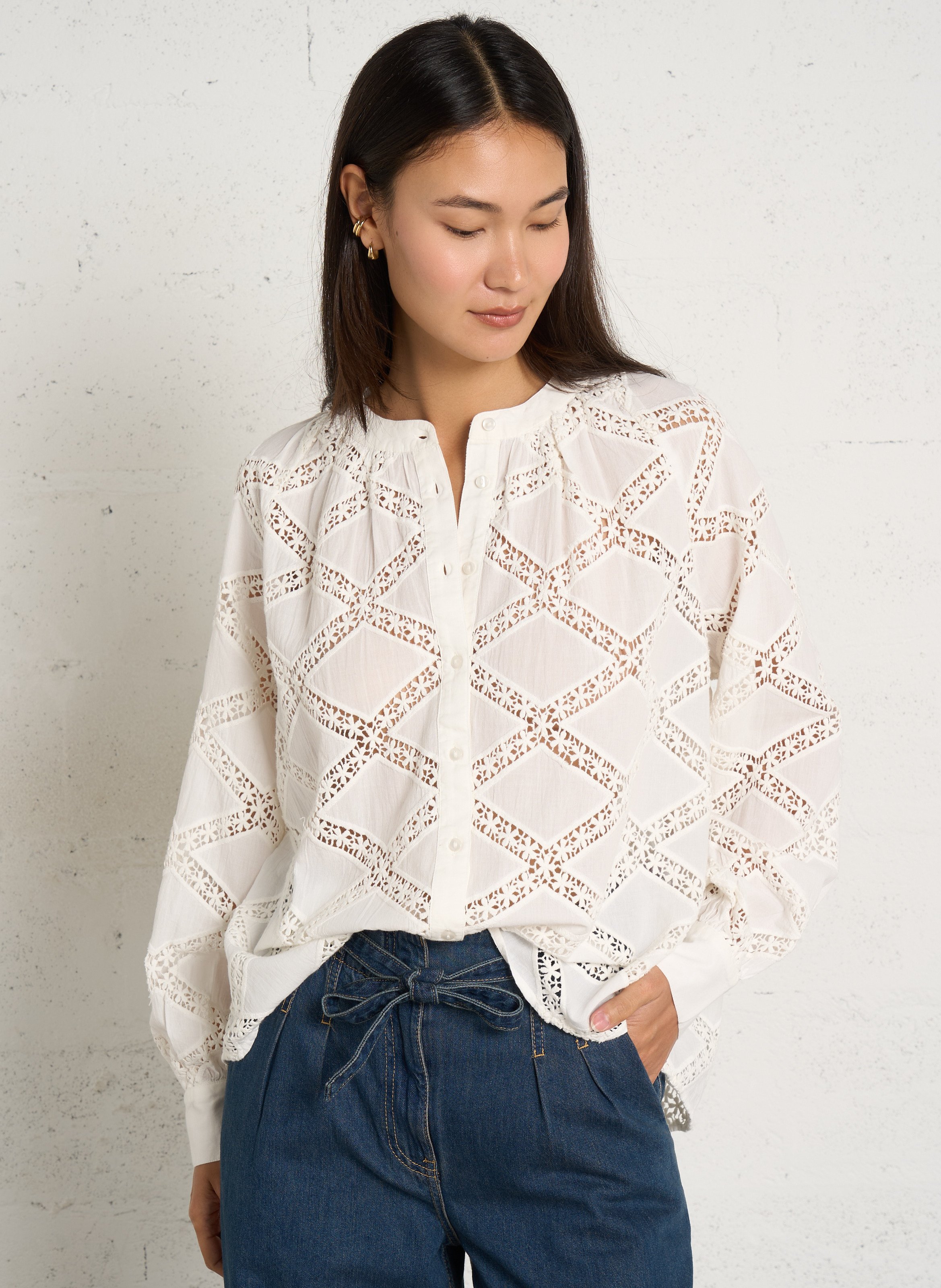 Chemisier oversize à motifs en dentelle en coton PETITE MENDIGOTE Beige