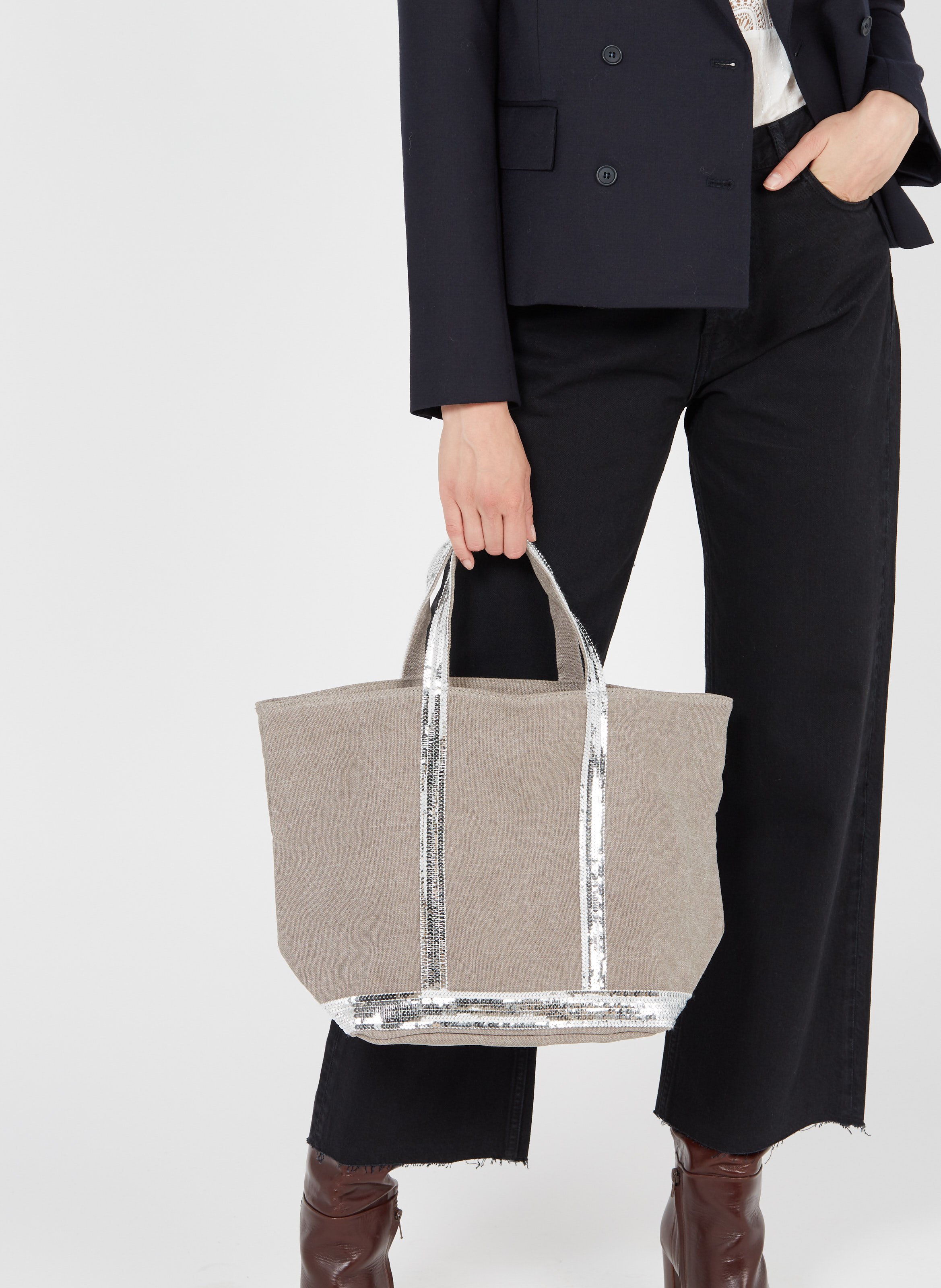 Sequin-embroidered linen tote bag VANESSA BRUNO Grey