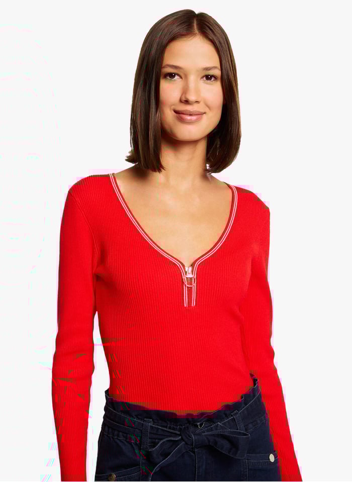 Pull à Col V Zippé Rouge Vif Off White Morgan - Femme | Place des Tendances