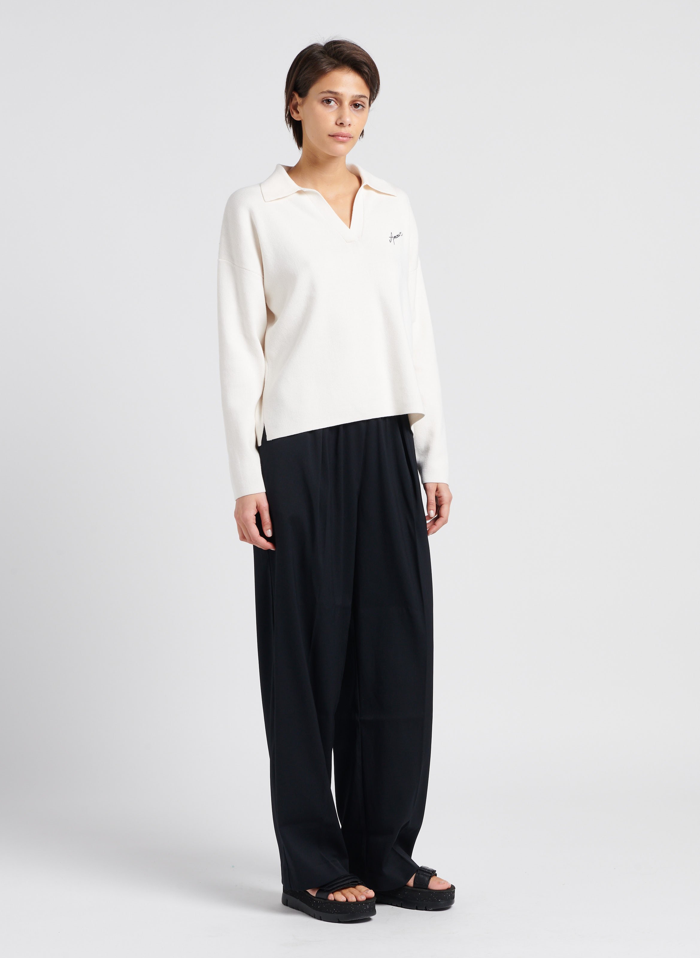 Pull col V à revers en coton mélangé  MAISON LABICHE Blanc