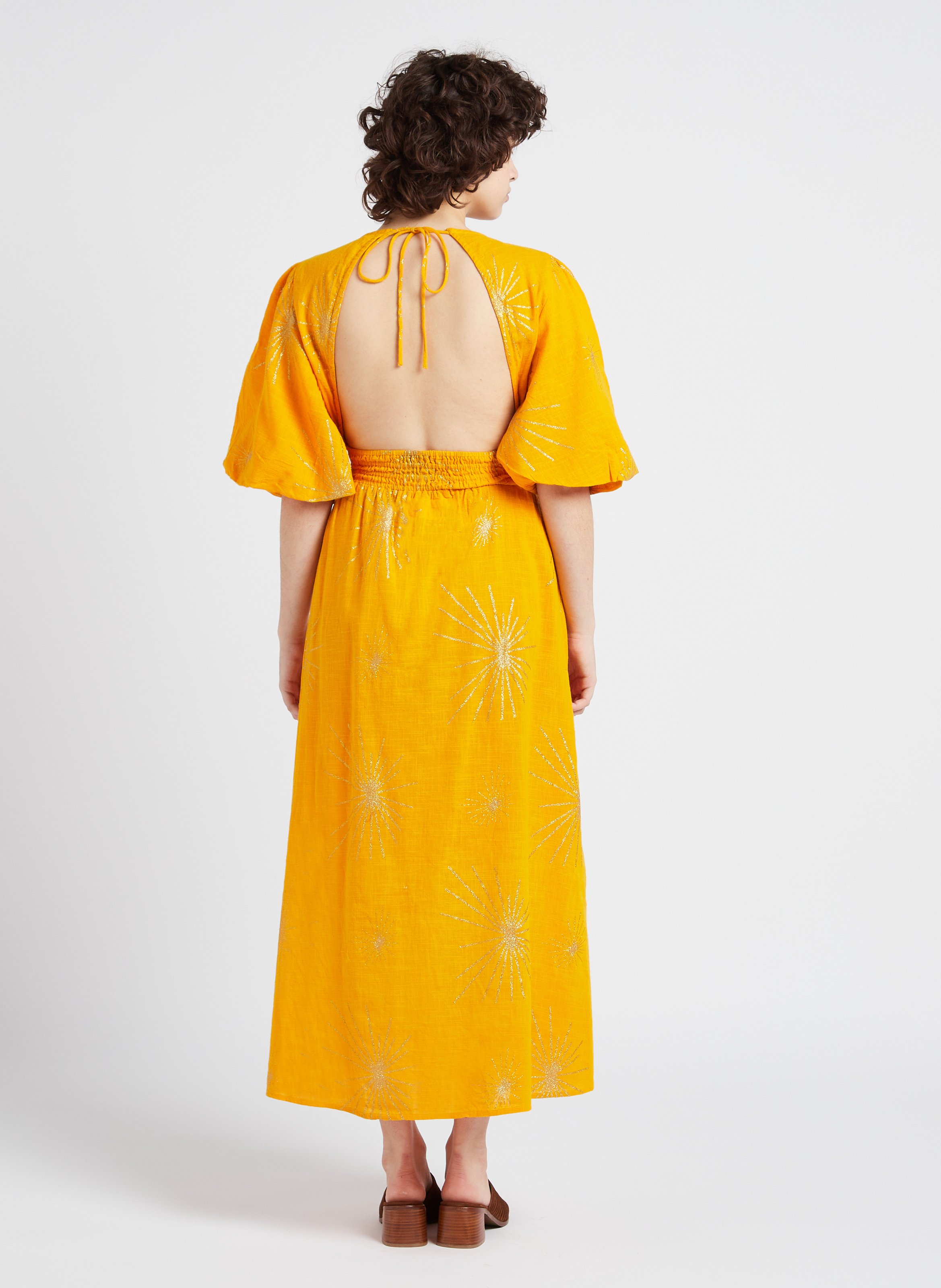 Long metallic cotton V-neck dress SUNDRESS Orange