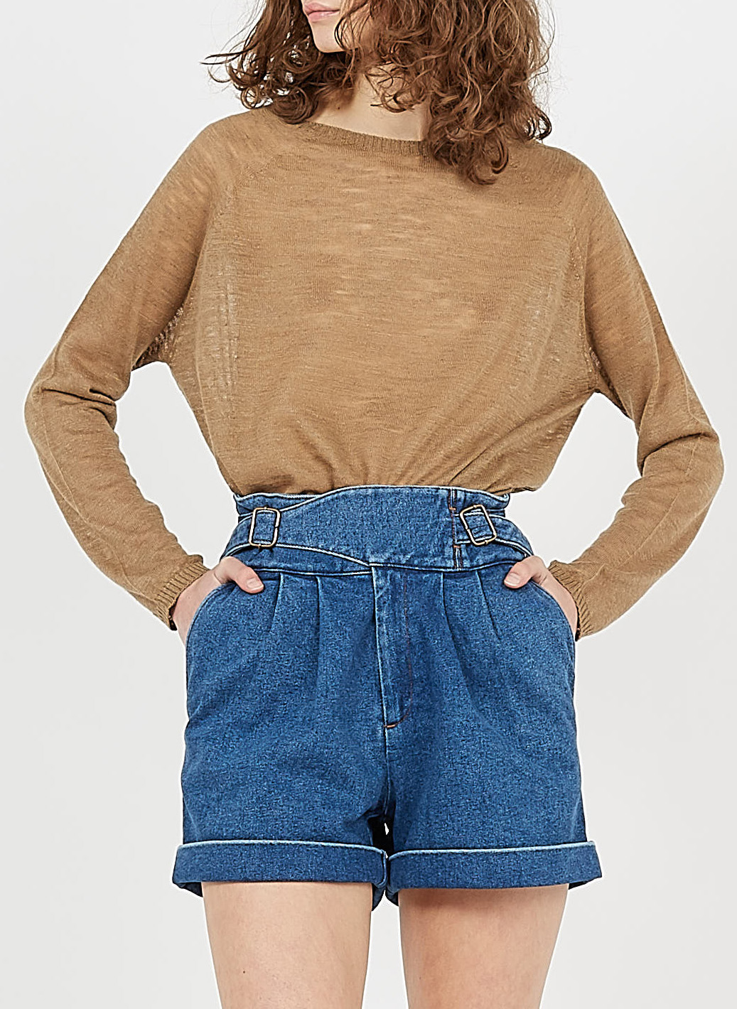 Pull col rond tricolore en lin mélangé MOMONI Beige