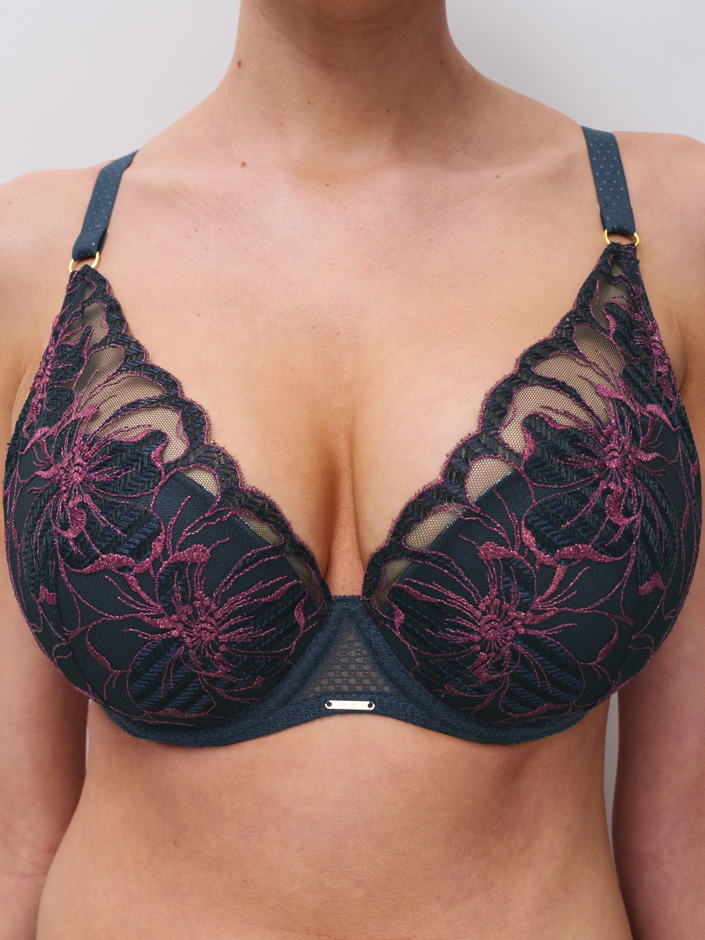 Plunging padded bra with floral embroidery CHANTELLE Multicolored