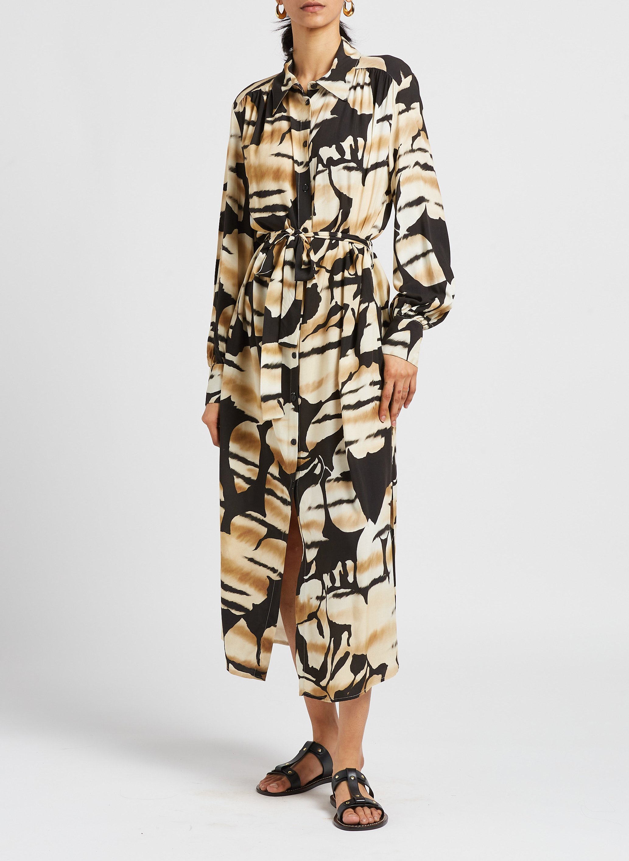 Lange jurk met klassieke kraag en print PLEASE Beige