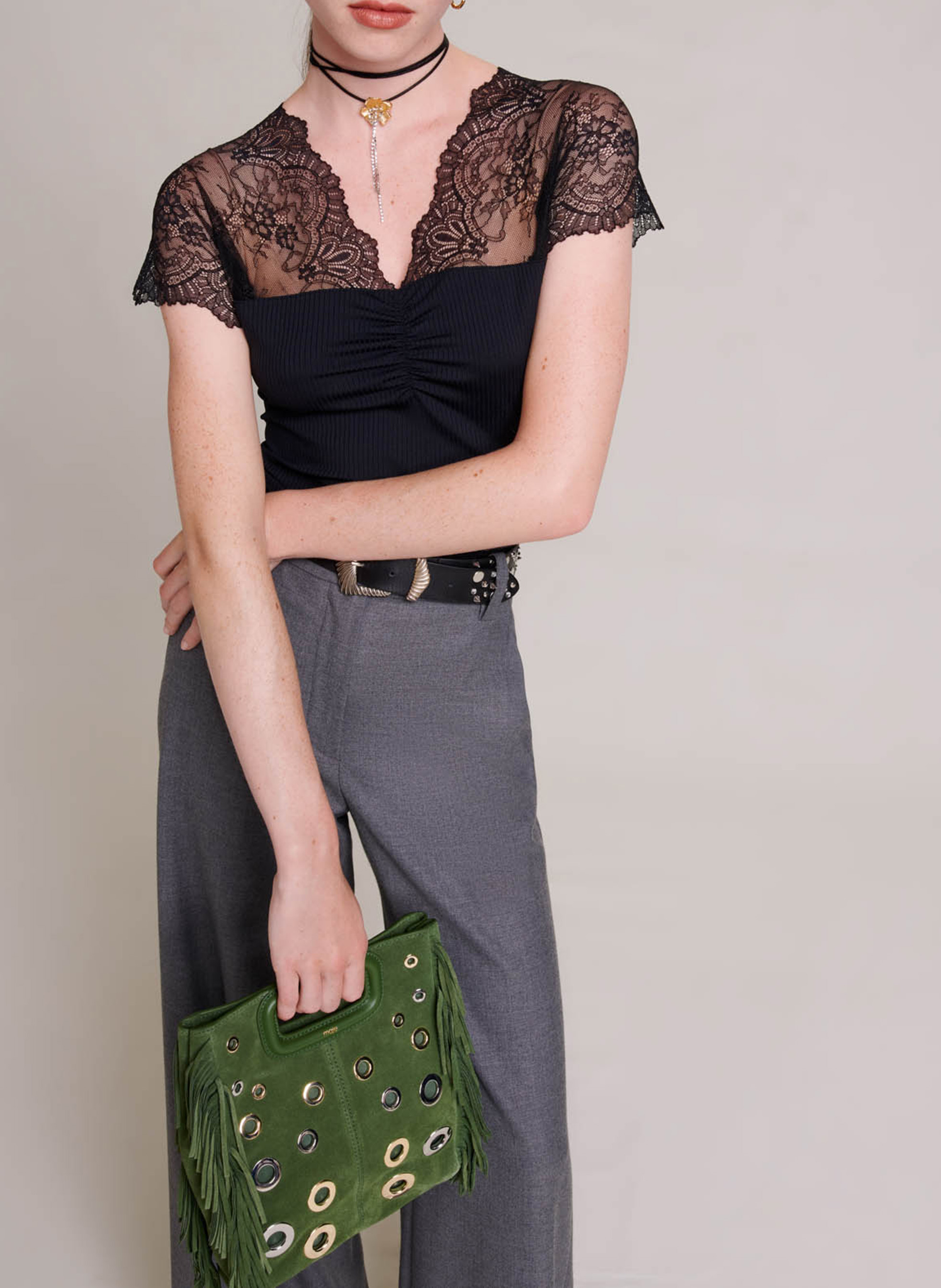 V-neck top with lace MAJE Black