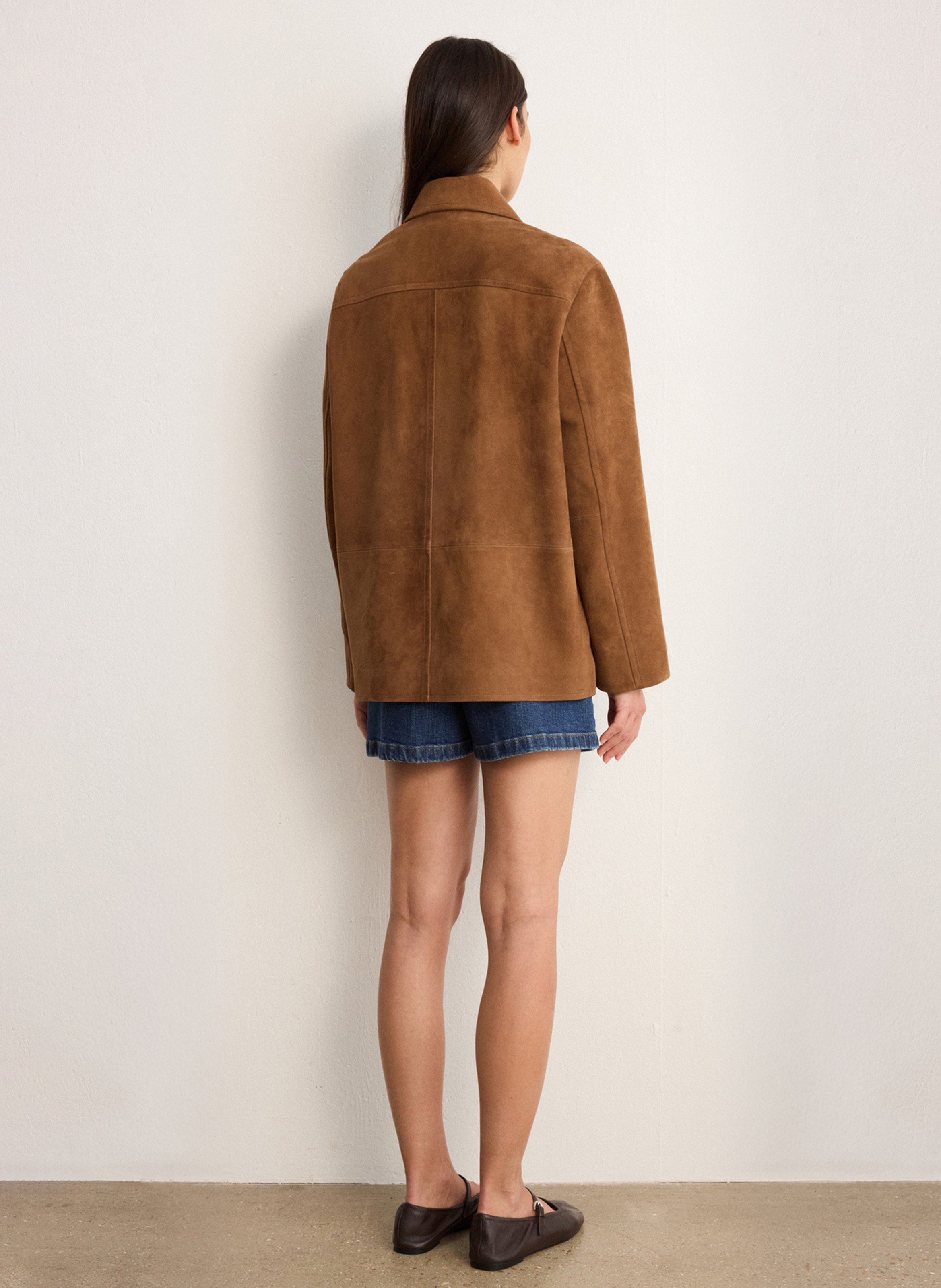Straight jacket with classic collar in suede leather PABLO Brown