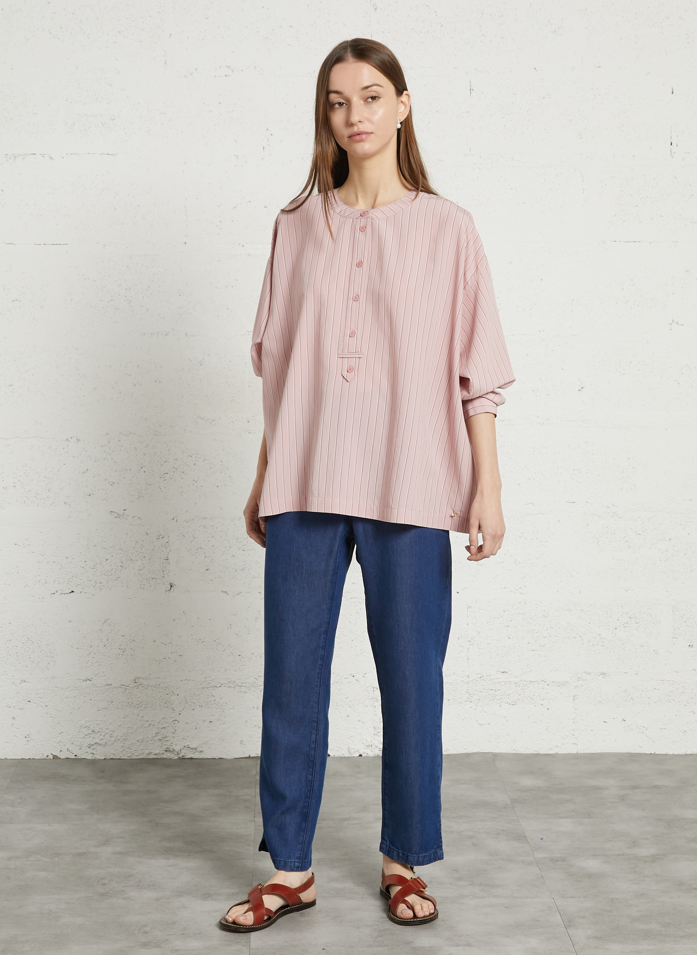Blouse à rayures col rond DES PETITS HAUTS Rose