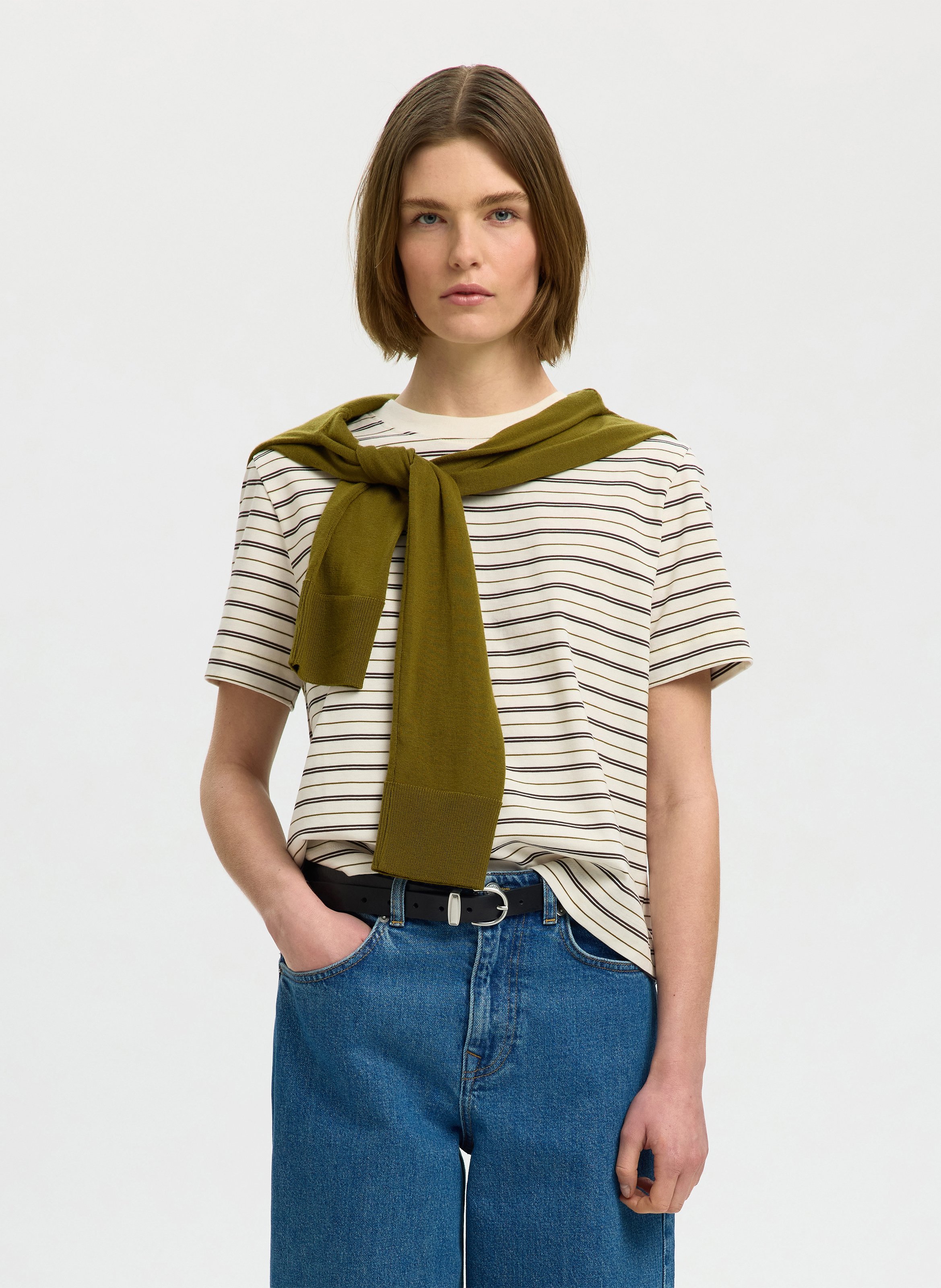Tee-shirt droit en coton bio rayé SELECTED