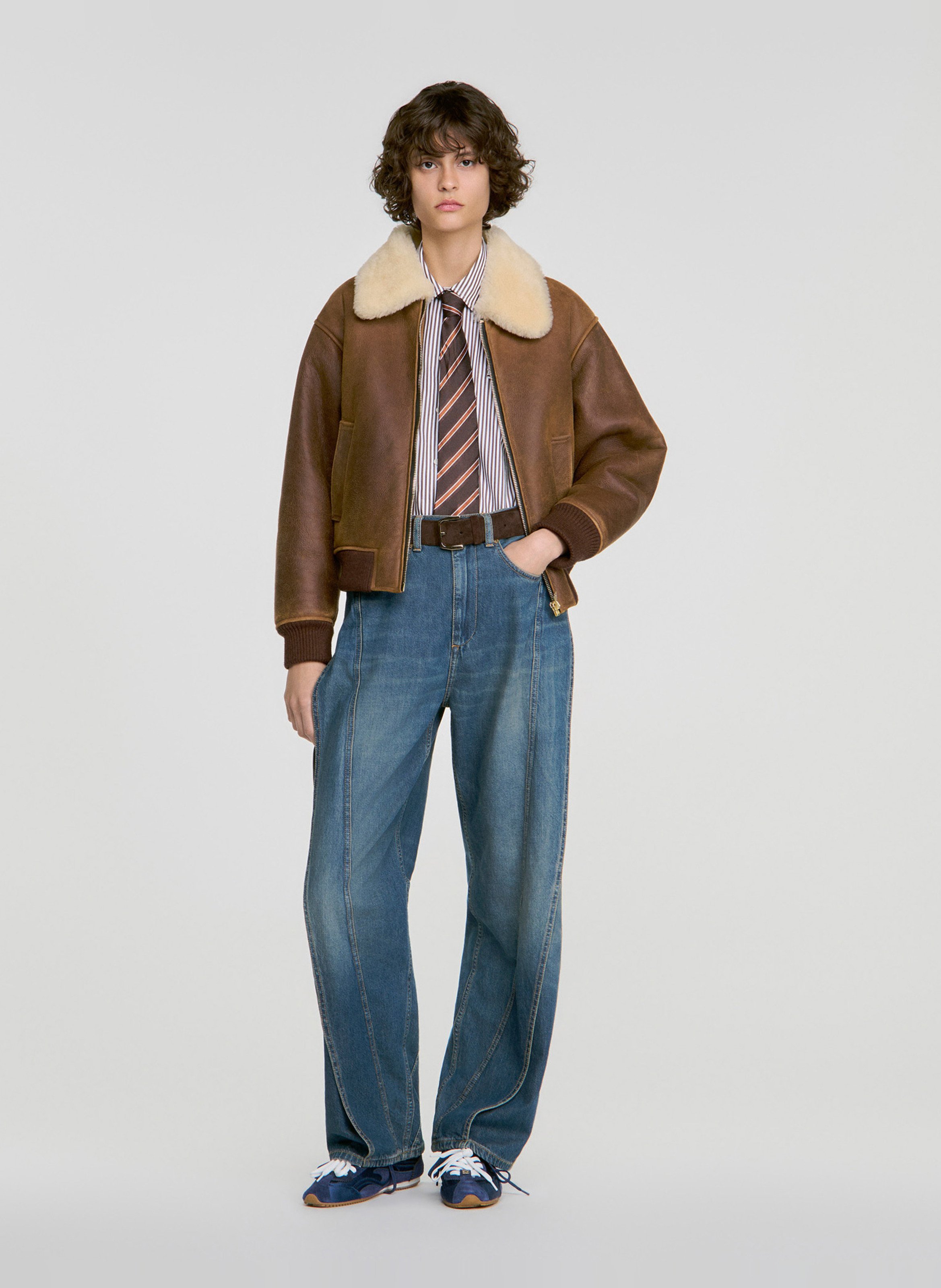 Blouson droit en cuir SANDRO Marron