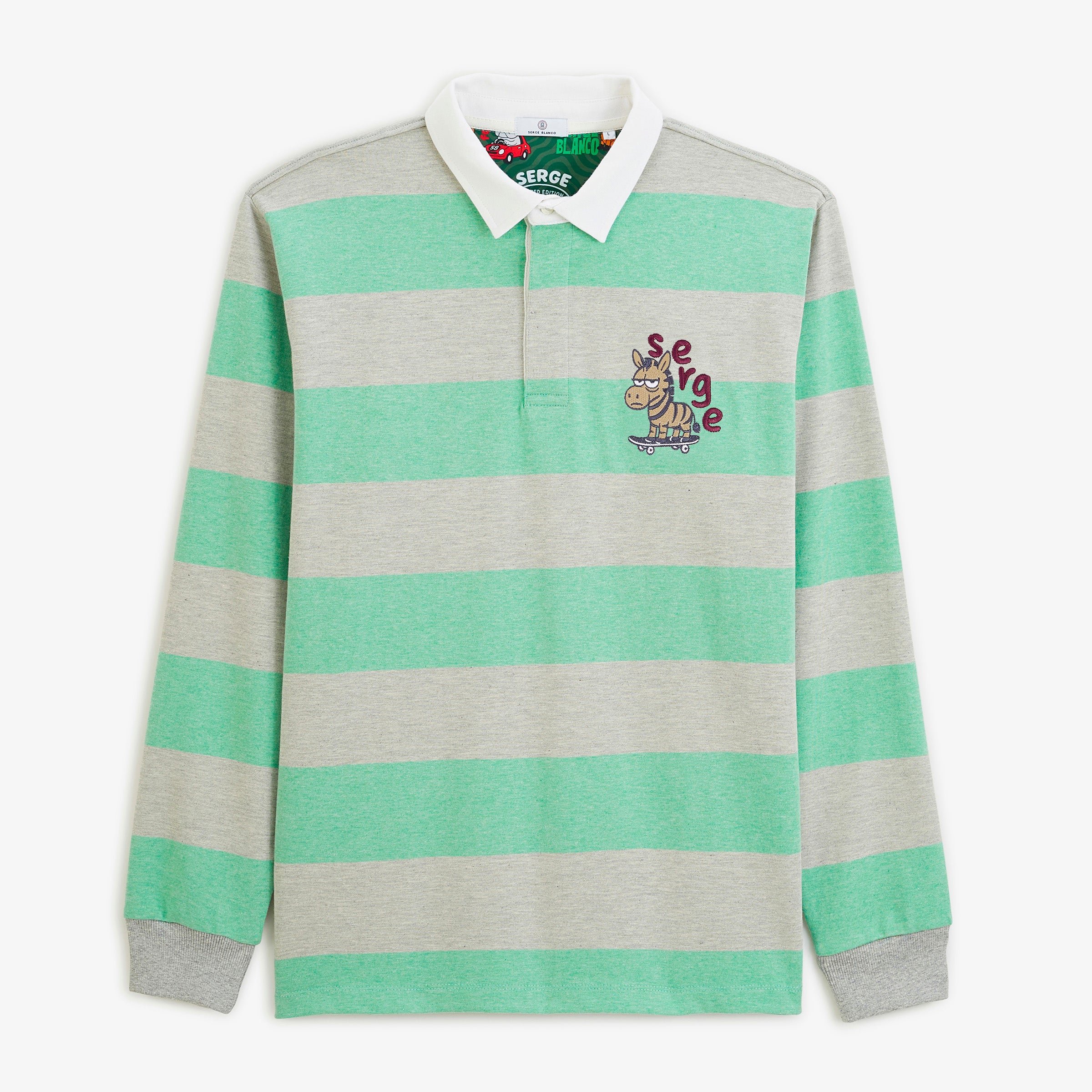 Striped long-sleeved rugby polo shirt with FUNKY ANIMALS embroidery SERGE BLANCO Grey