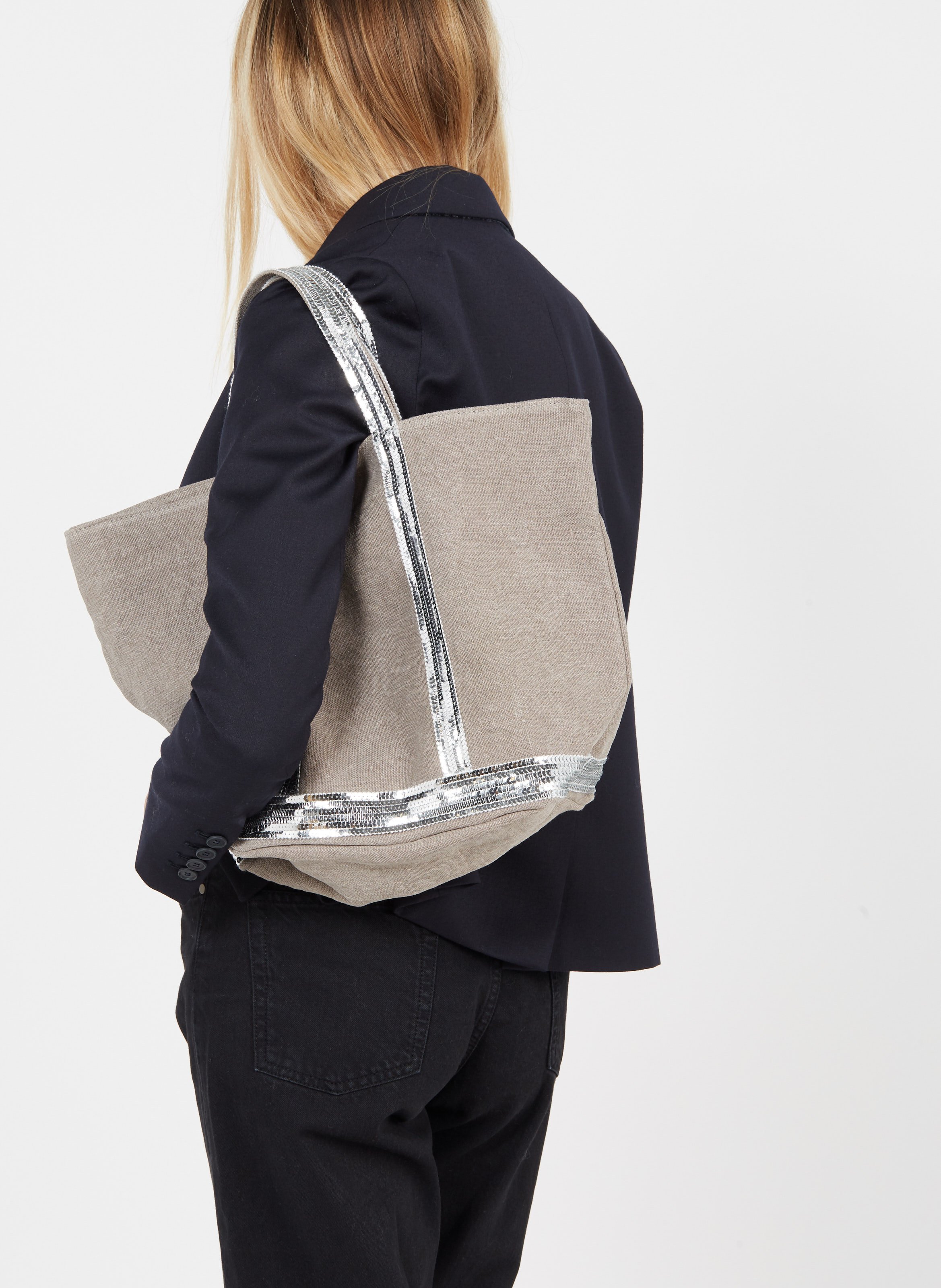 Sequin-embroidered linen tote bag VANESSA BRUNO Grey