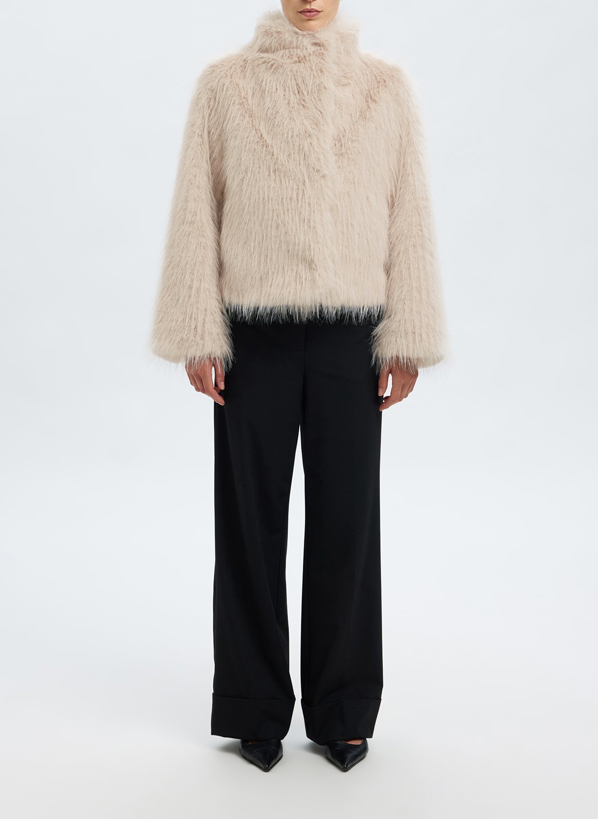 Veste droite col montant en fourrure synthétique SELECTED Beige