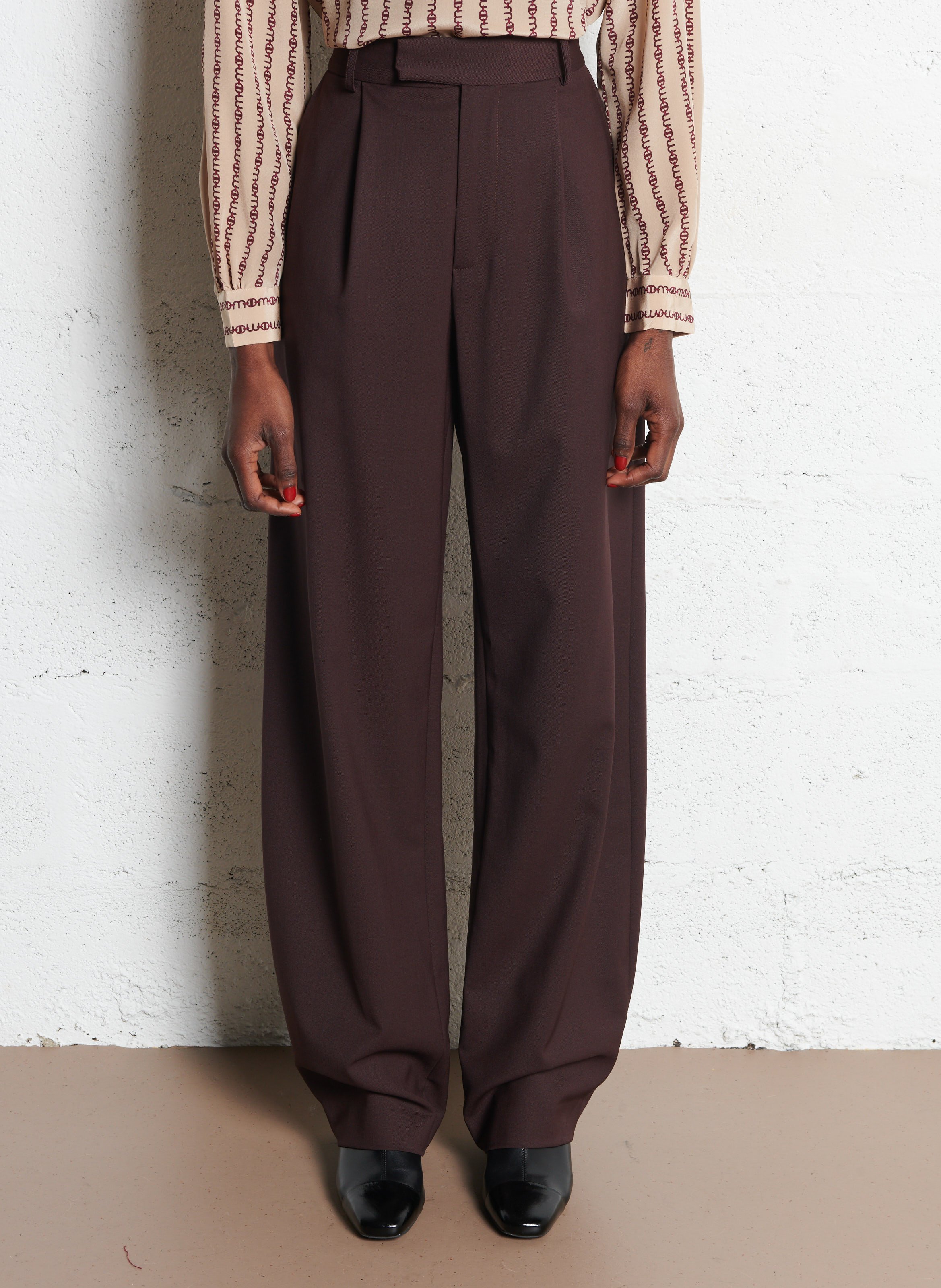 Pantalon large à pinces en laine mélangée MARGAUX LONNBERG Marron