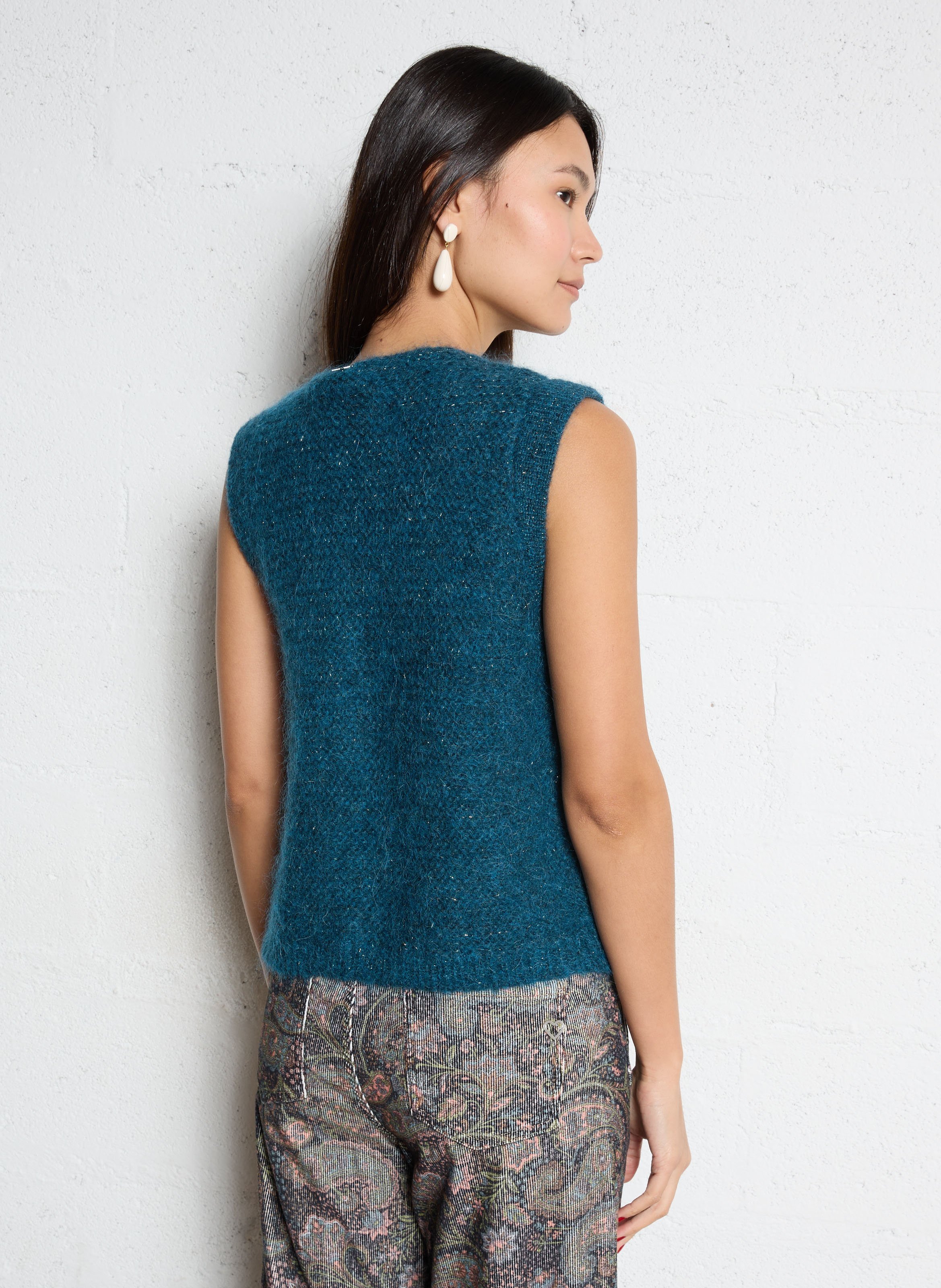 Gilet col rond droit en maille SUD EXPRESS Bleu