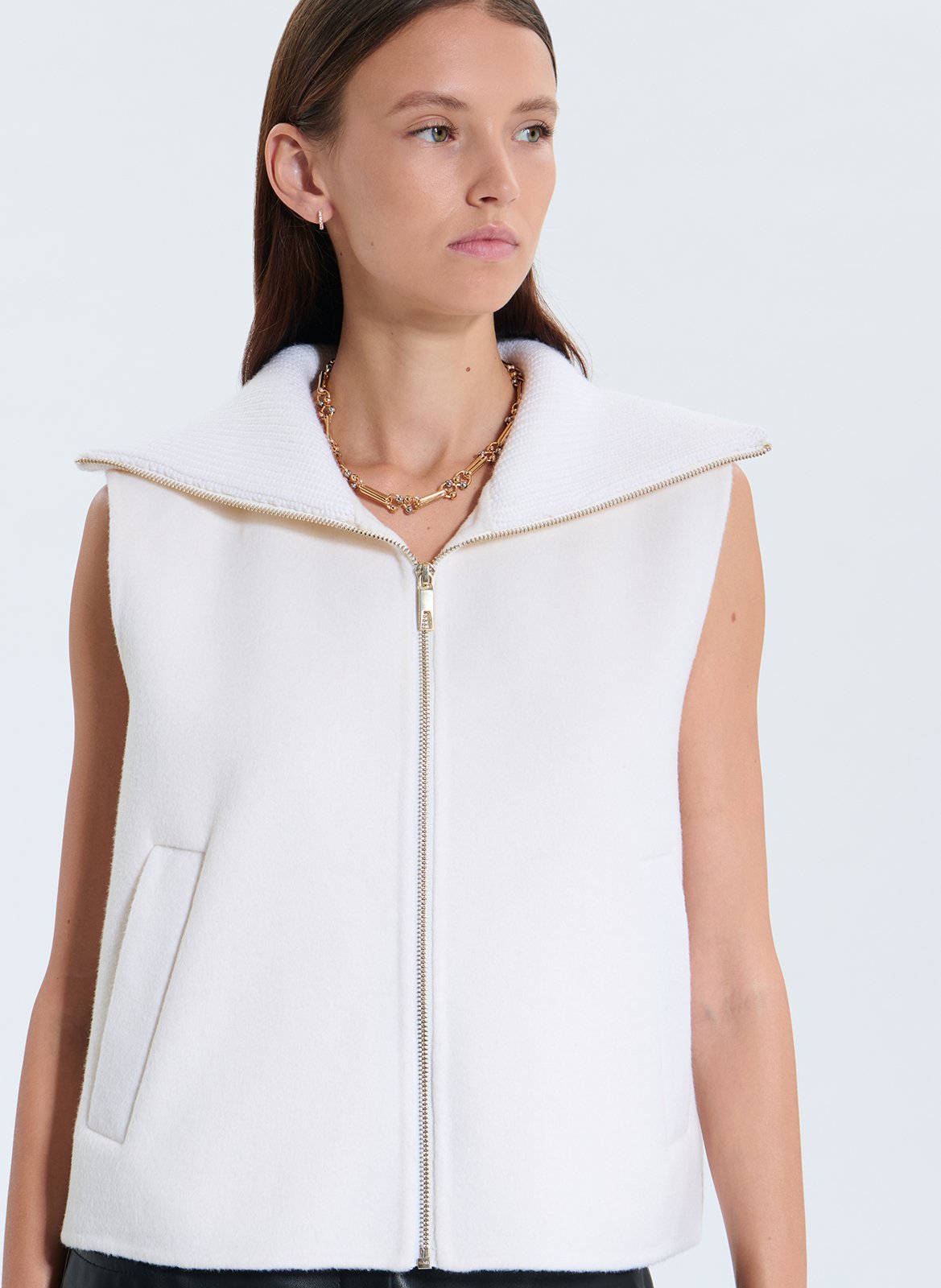 Straight zip-up wool blend vest ZAPA White