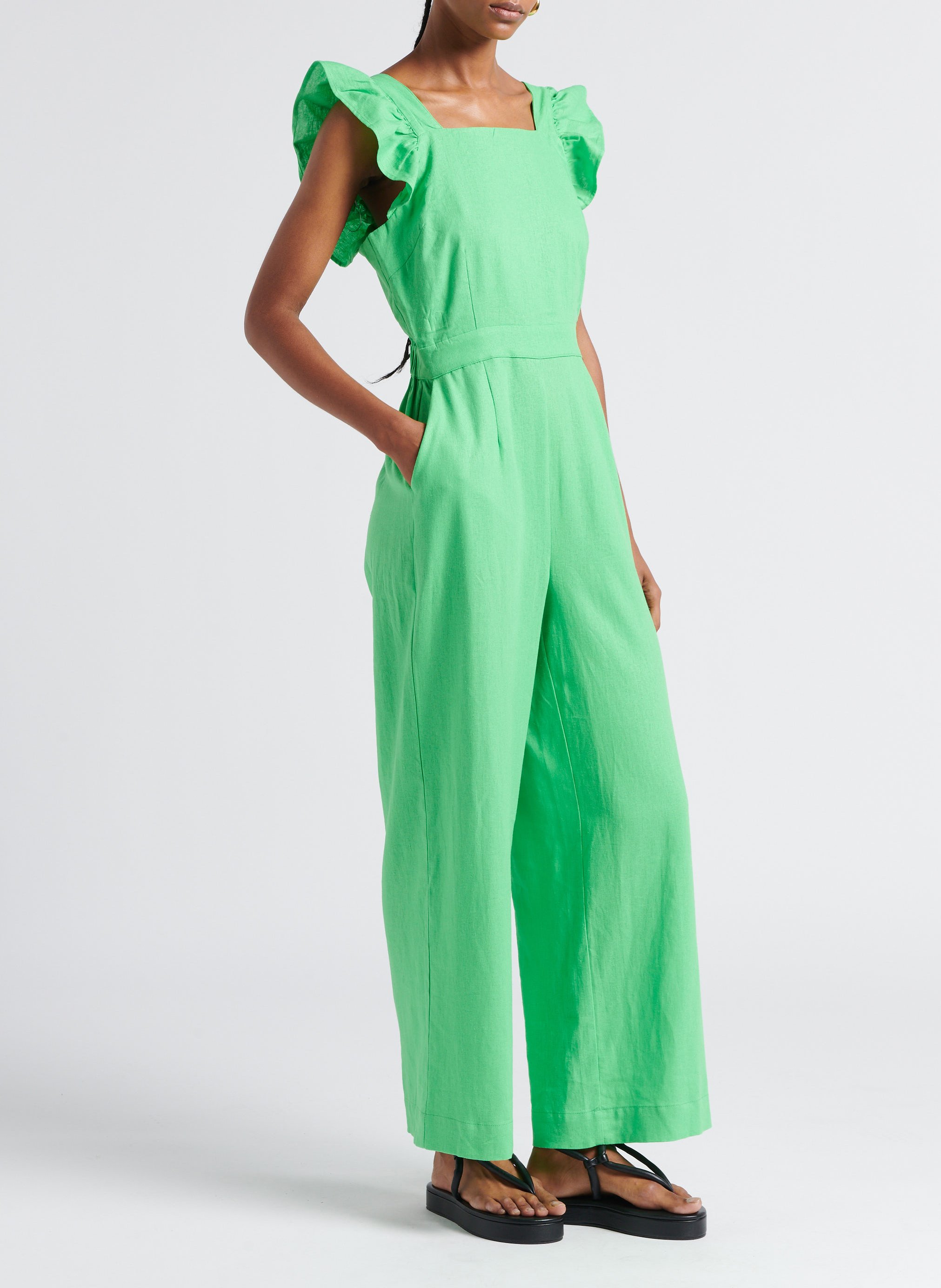 Combinaison col carré en lin mélangé YAS Groen