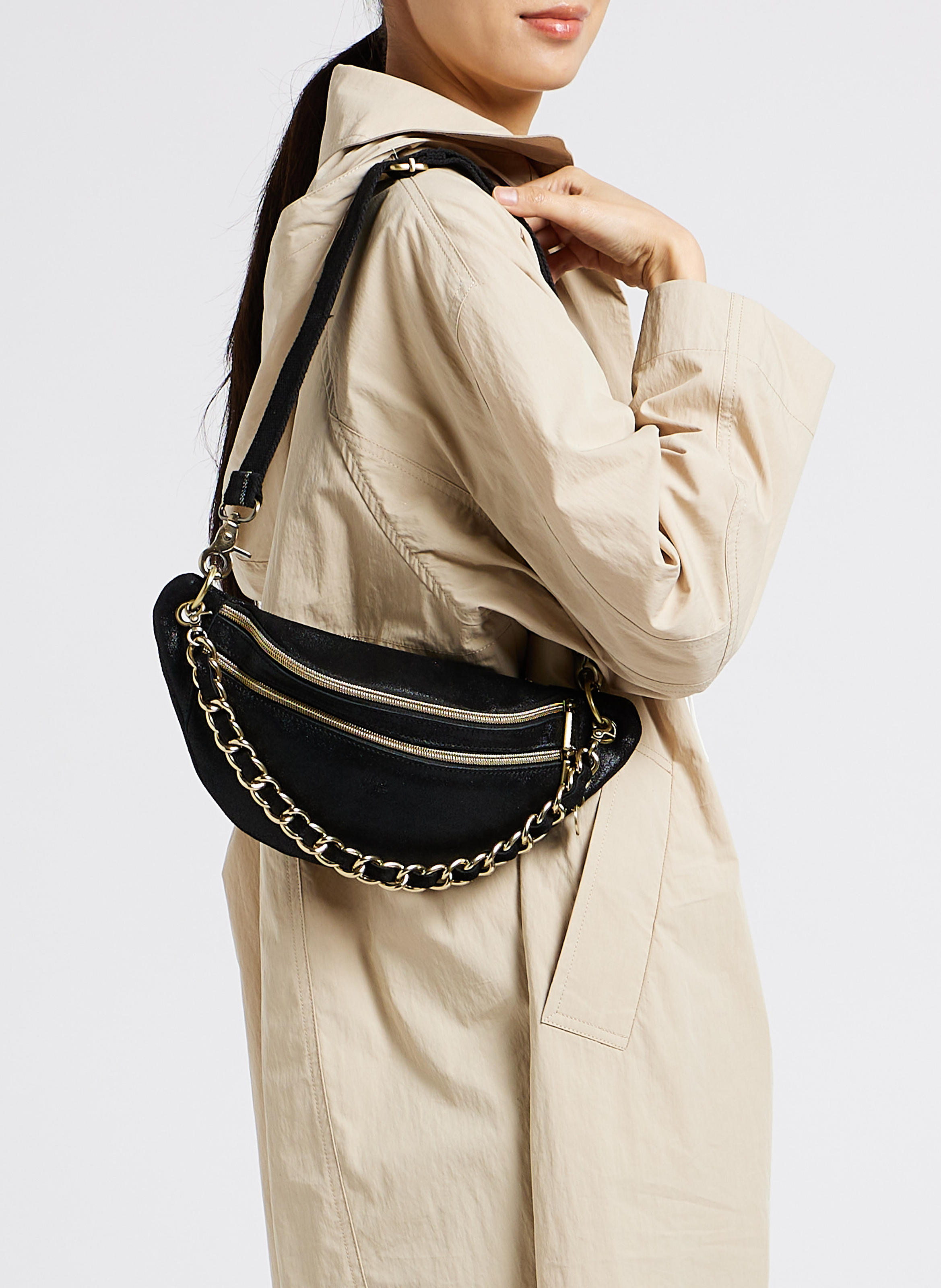 Schultertasche aus Metallic-Leder MILA LOUISE Schwarz