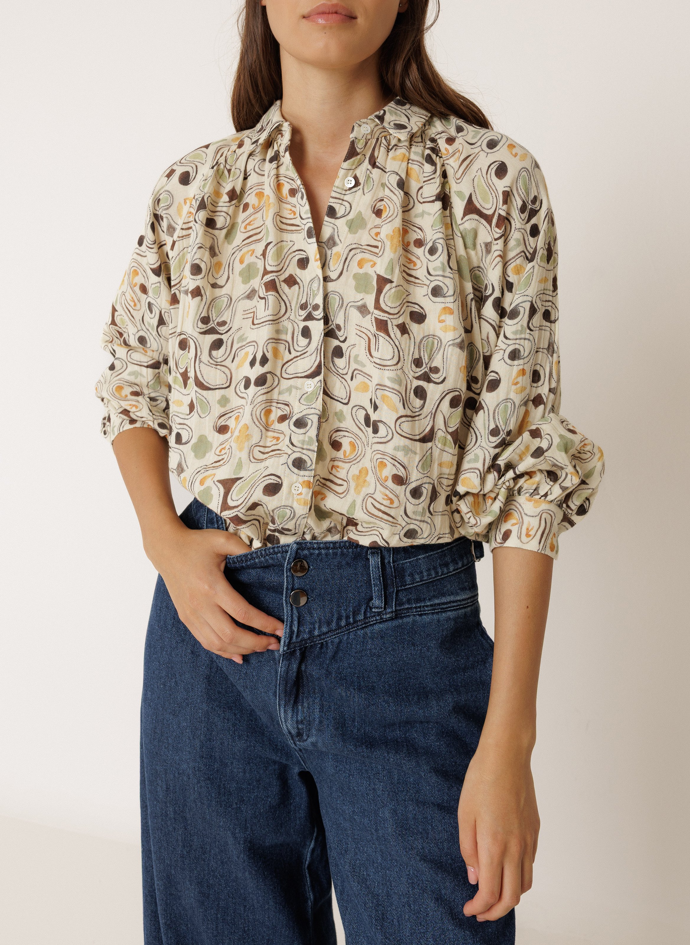 Loose button-down printed shirt INDI & COLD Brown