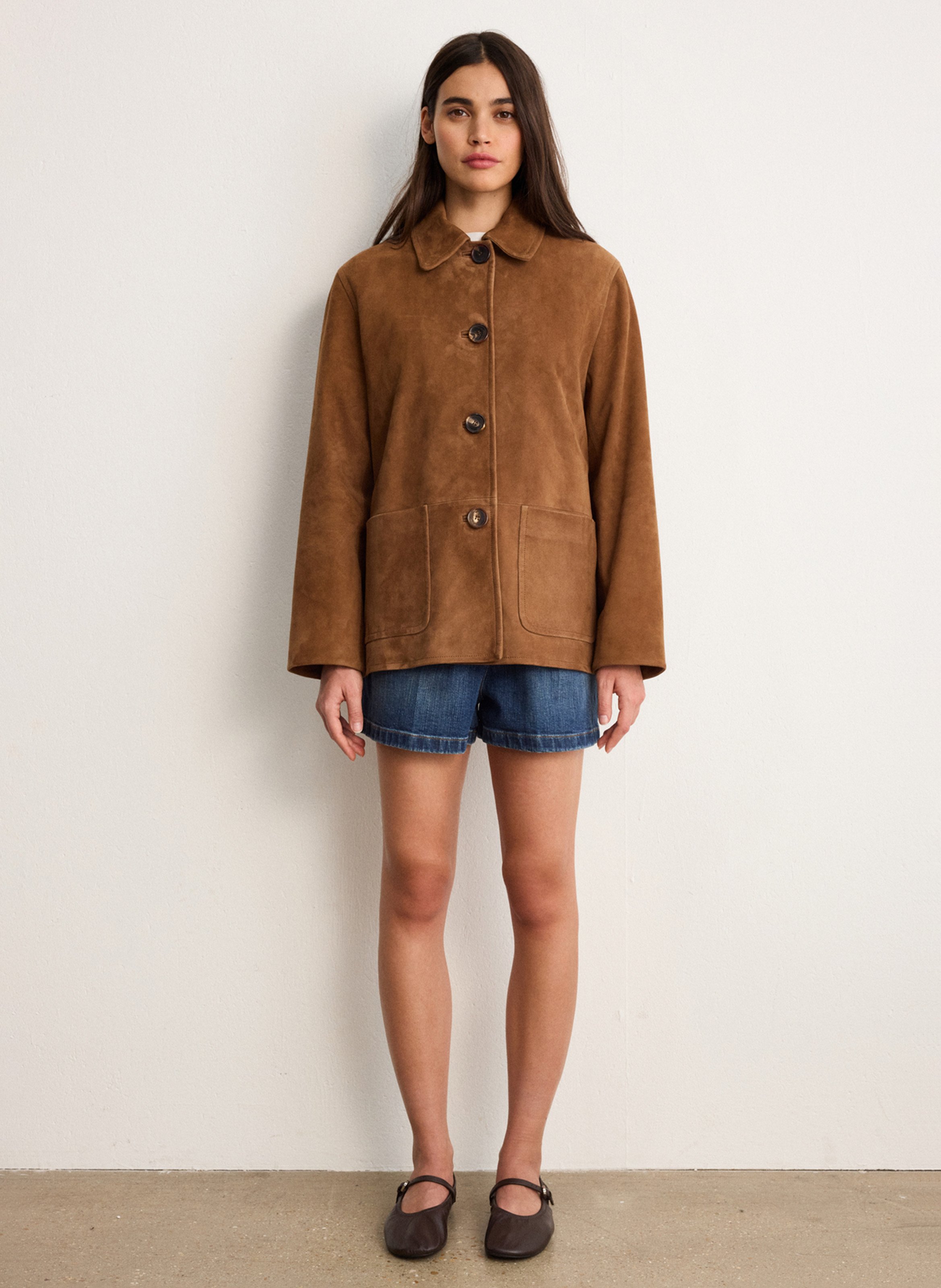 Straight jacket with classic collar in suede leather PABLO Brown