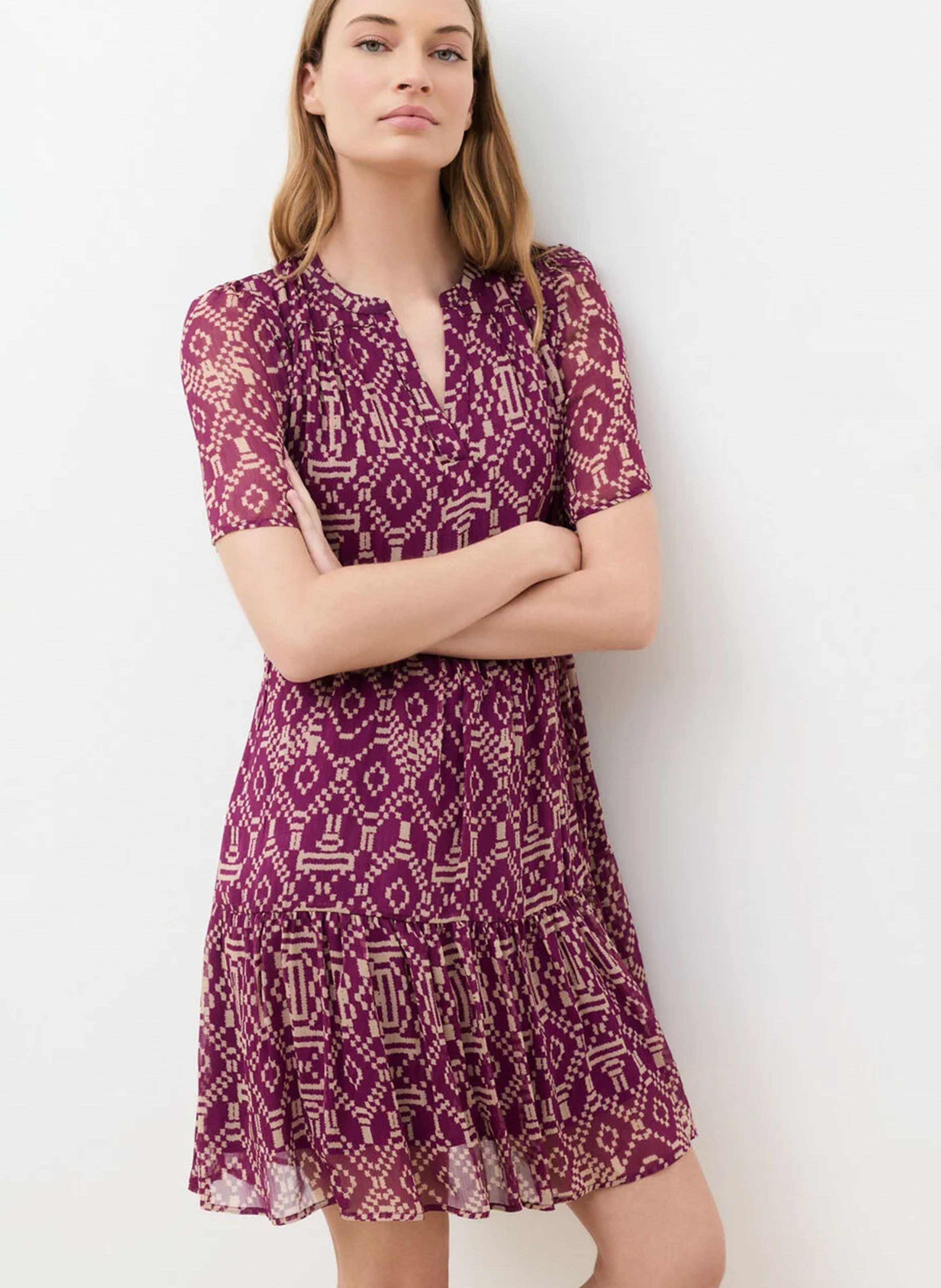 Robe courte col tunisien imprimée CAROLL Rouge