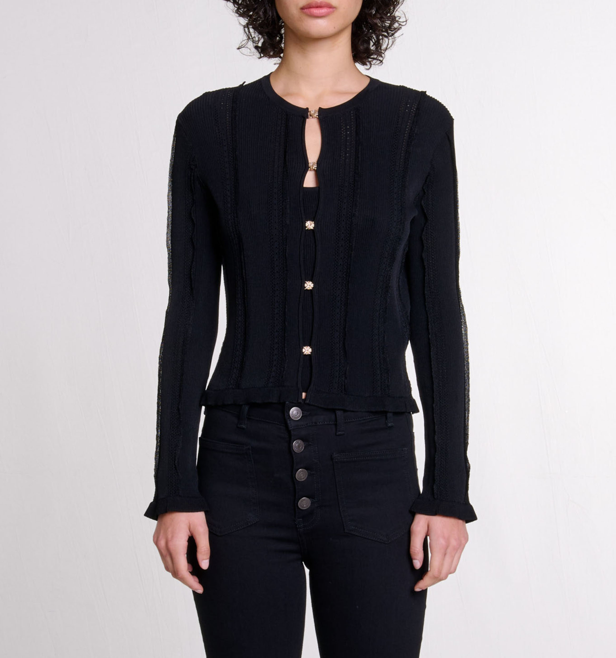 Cardigan droit col rond en maille ajourée MAJE Noir