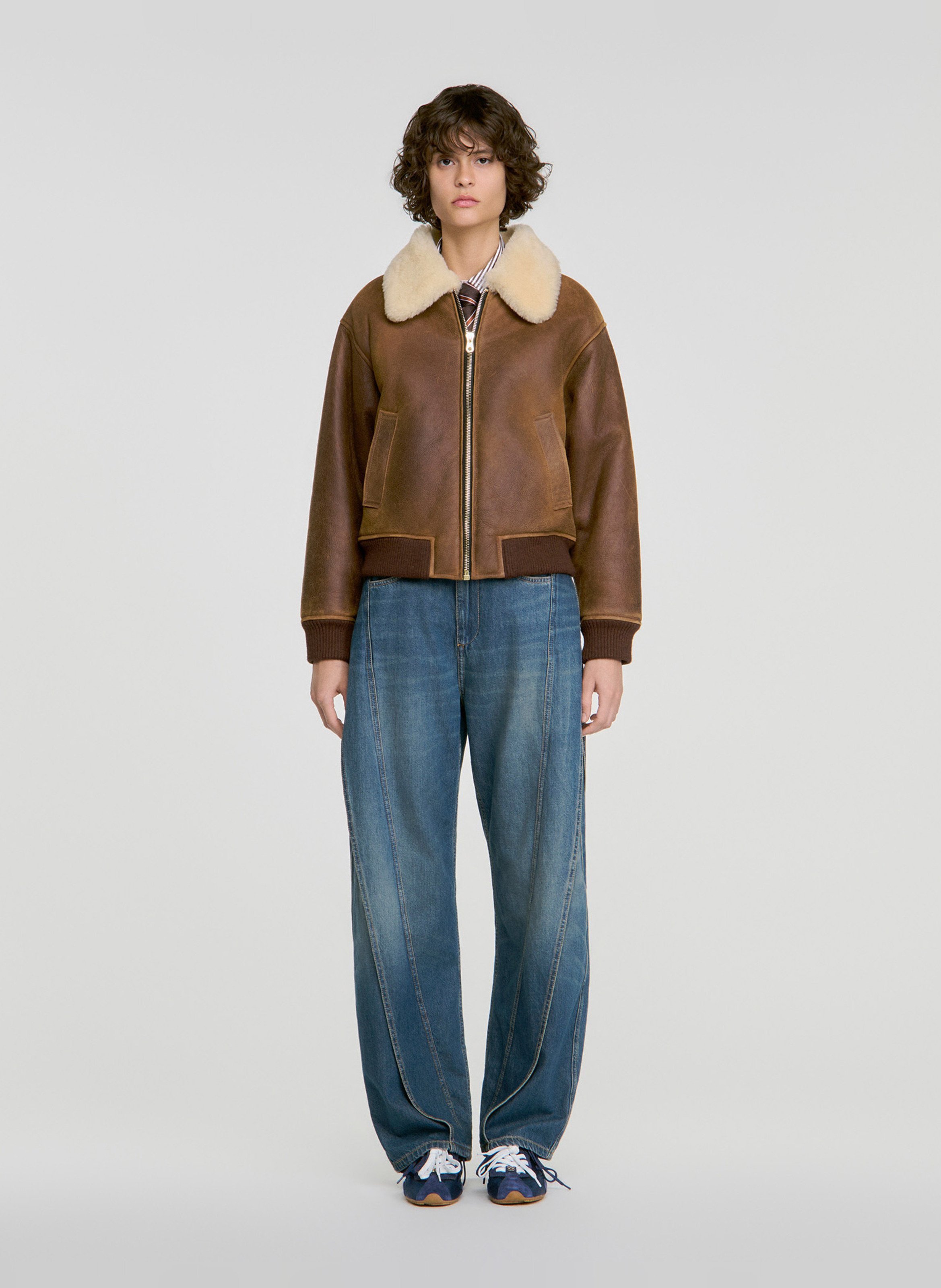 Blouson droit en cuir SANDRO Marron