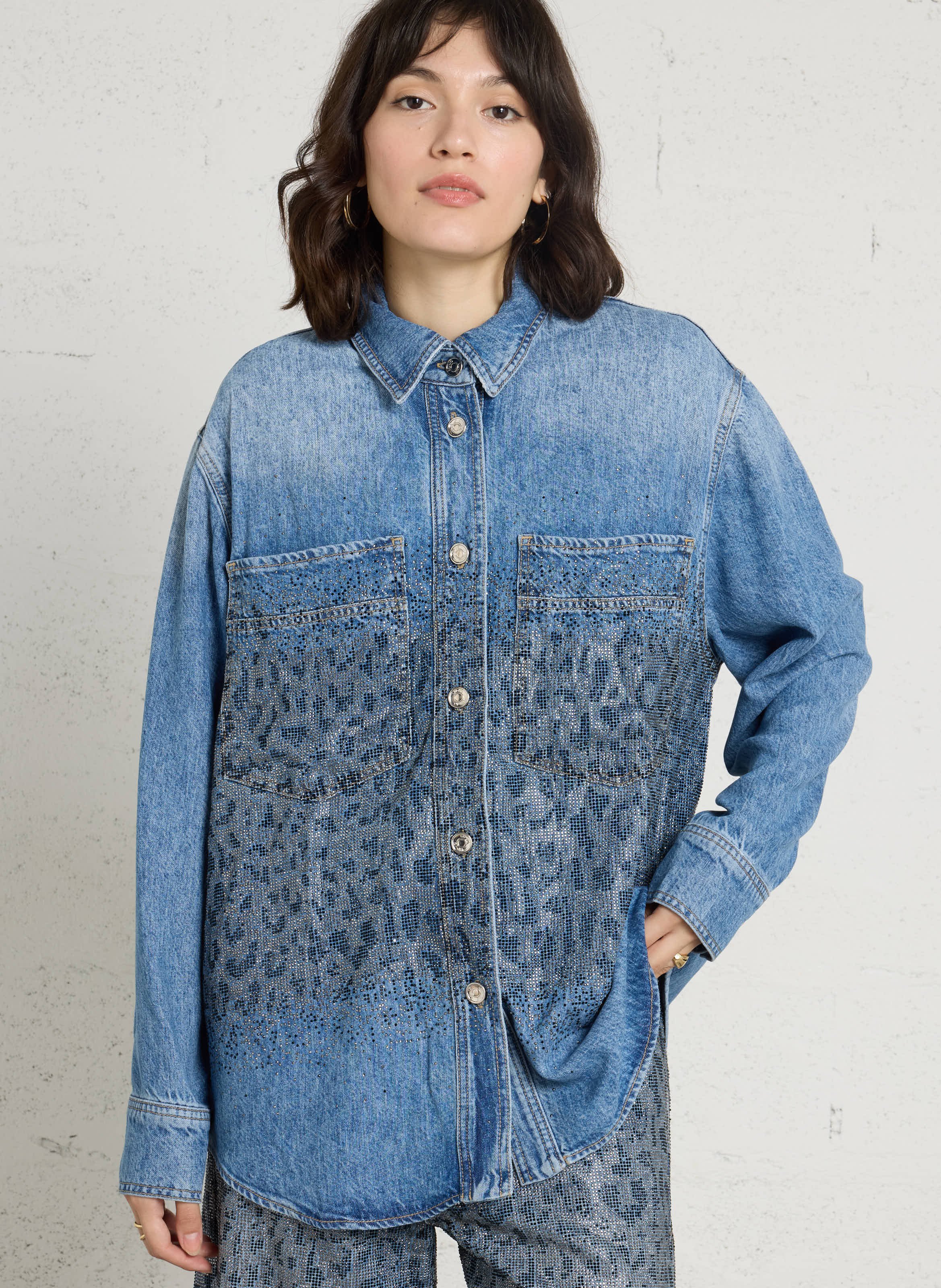 Loose-Fitting Shirt with Rhinestone Details LIU JO Blue