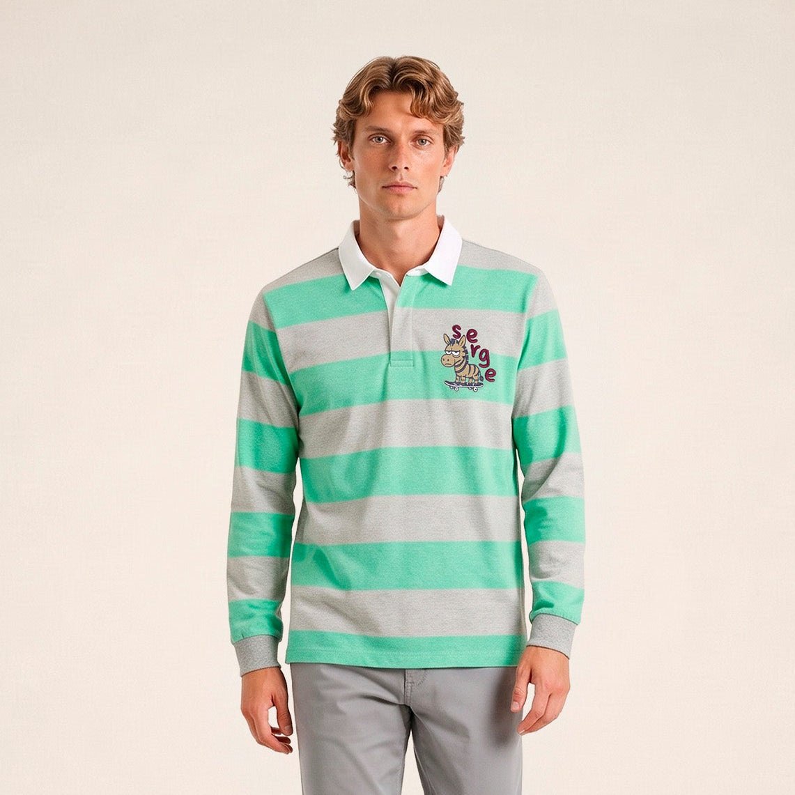 Striped long-sleeved rugby polo shirt with FUNKY ANIMALS embroidery SERGE BLANCO Grey