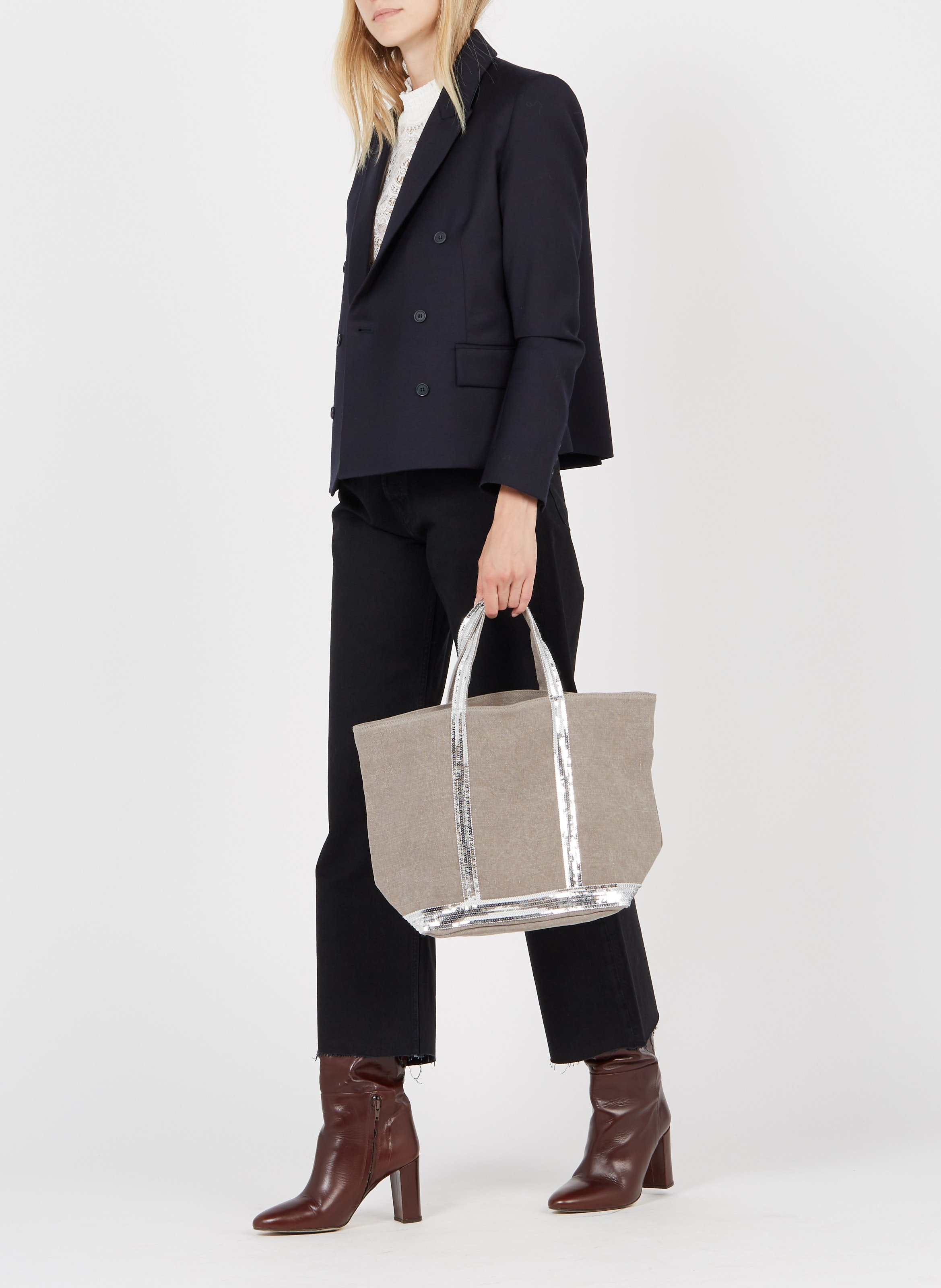 Sequin-embroidered linen tote bag VANESSA BRUNO Grey
