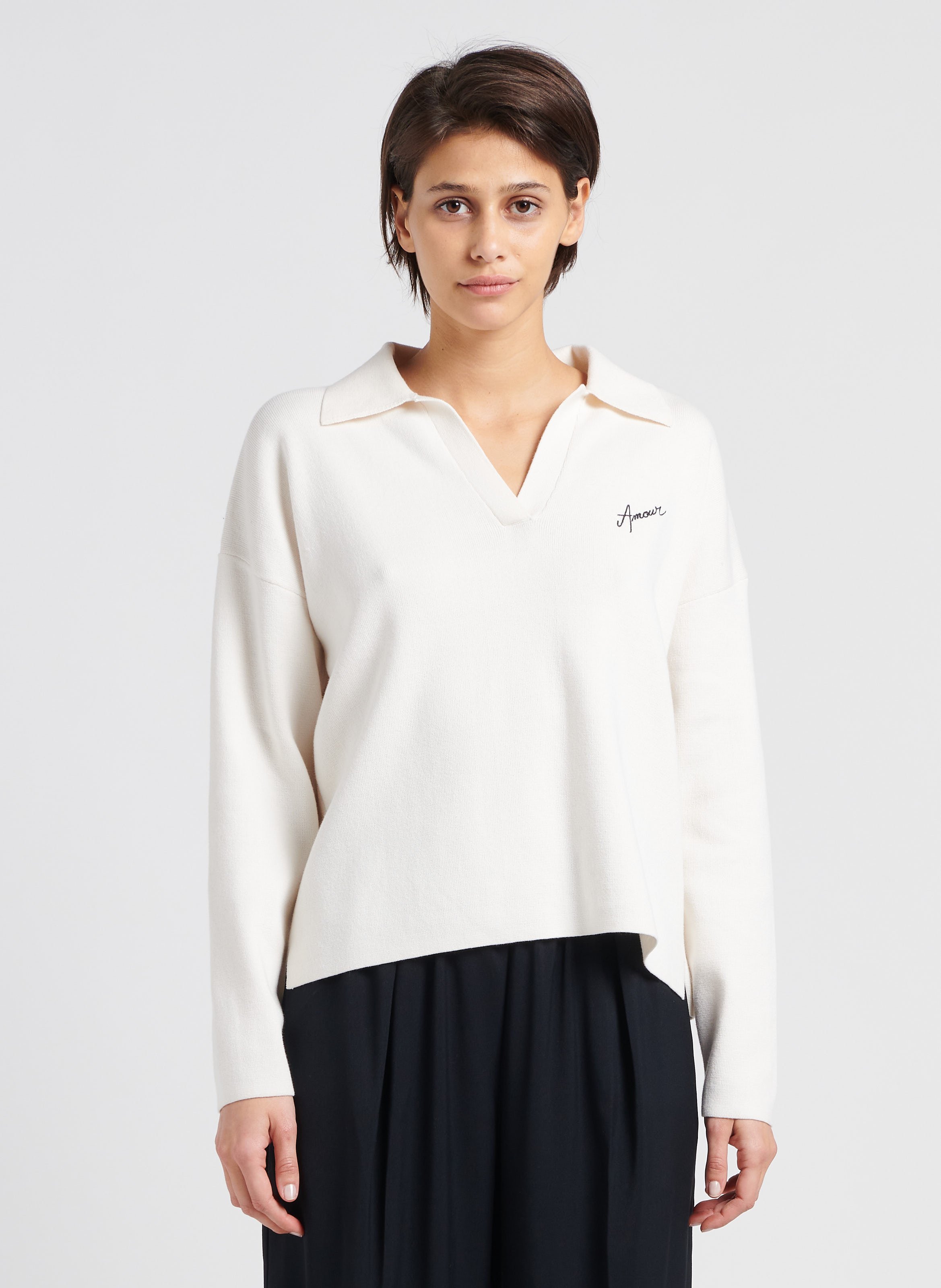 Pull col V à revers en coton mélangé  MAISON LABICHE Blanc