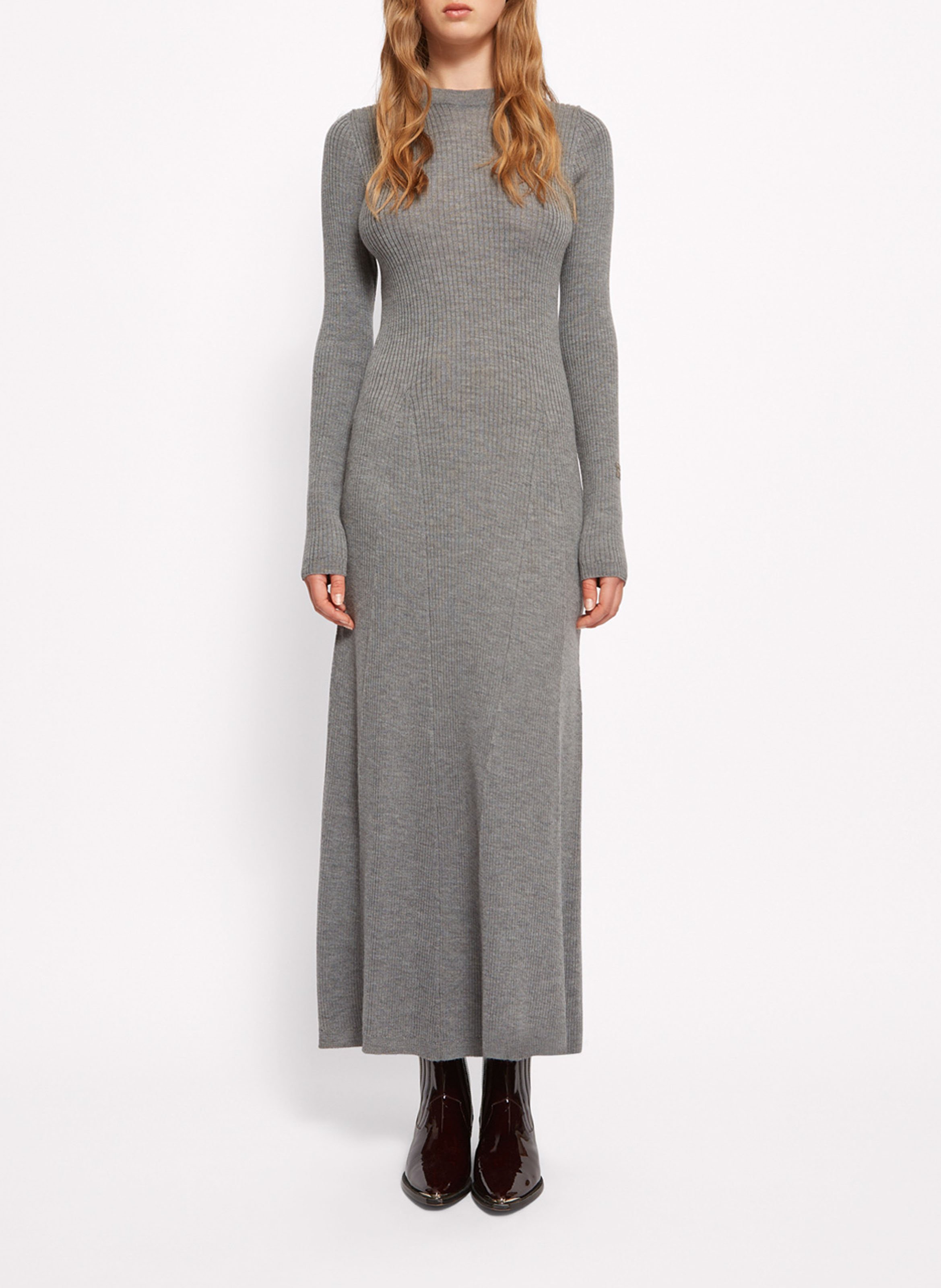 Robe longue col rond en laine de mérinos ROSEANNA Gris