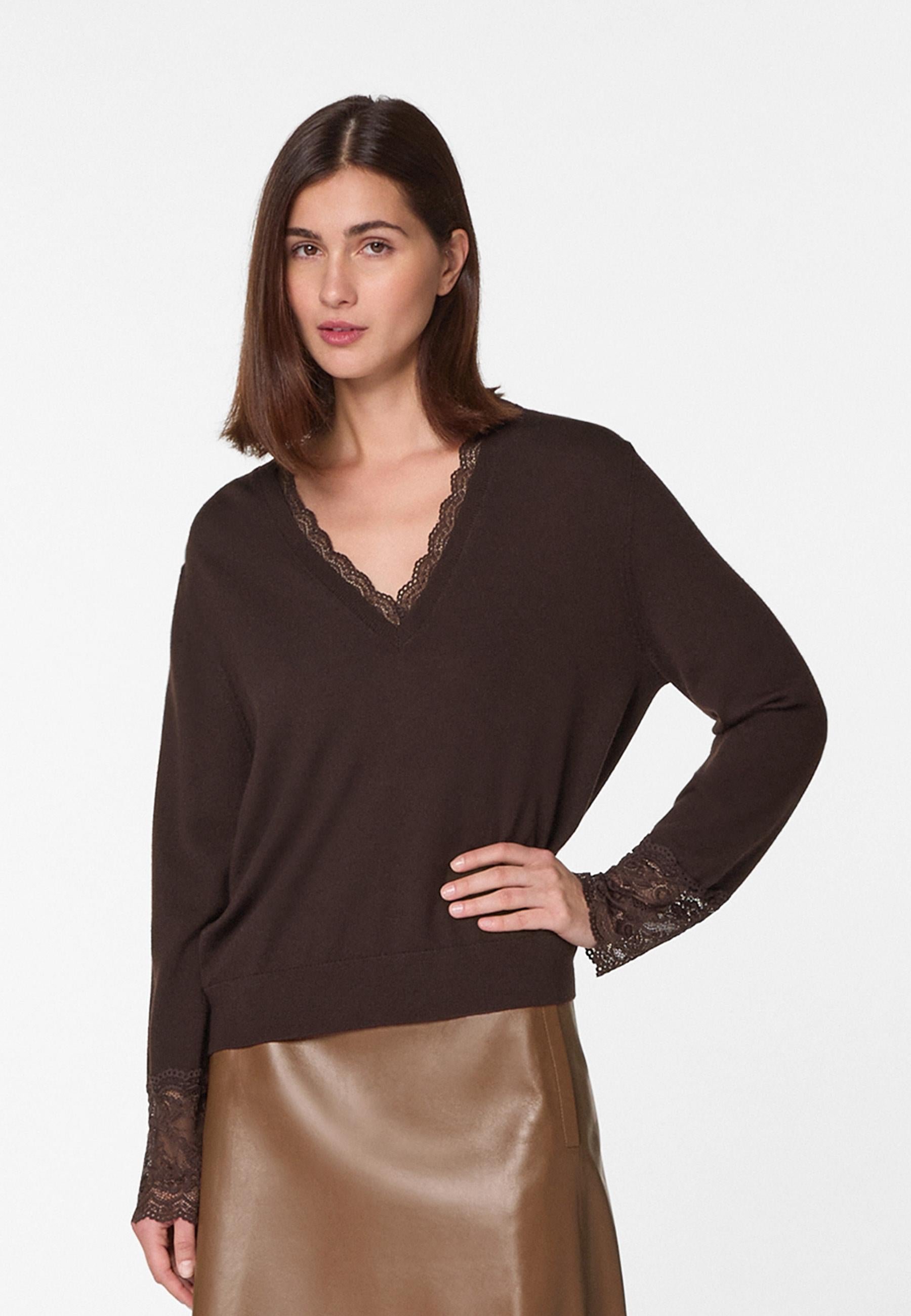 V-neck wool sweater with lace trim RODIER Brown