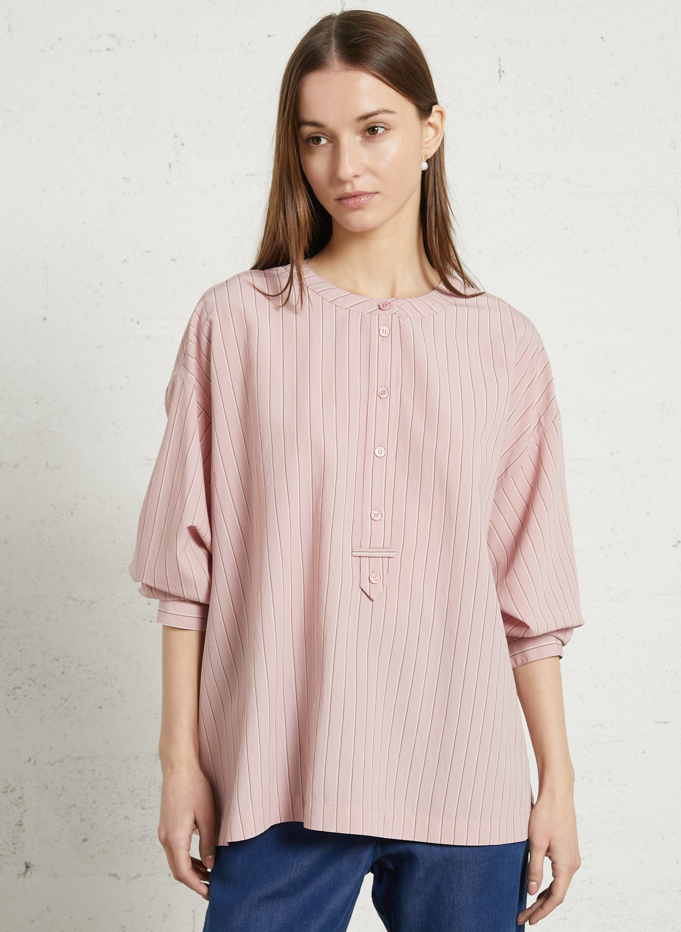 Blouse à rayures col rond DES PETITS HAUTS Rose