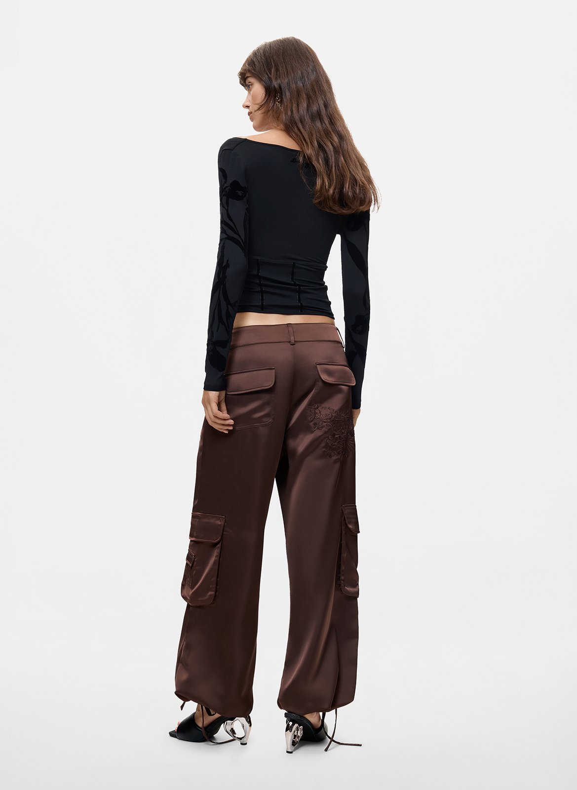 Satin wide leg cargo pants DESIGUAL Brown