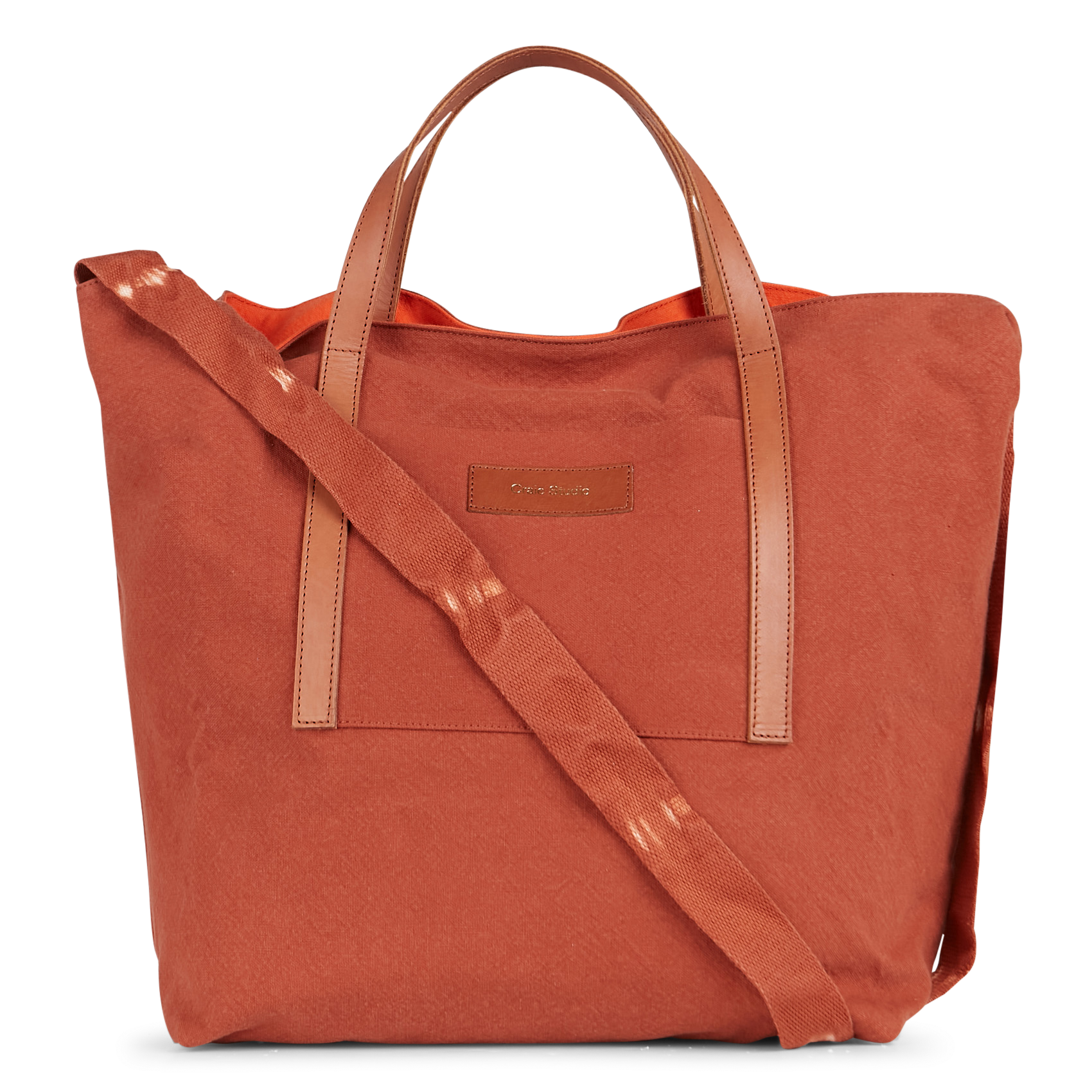 Leather and organic cotton Bi-material effect tote bag CRAIE STUDIO Orange