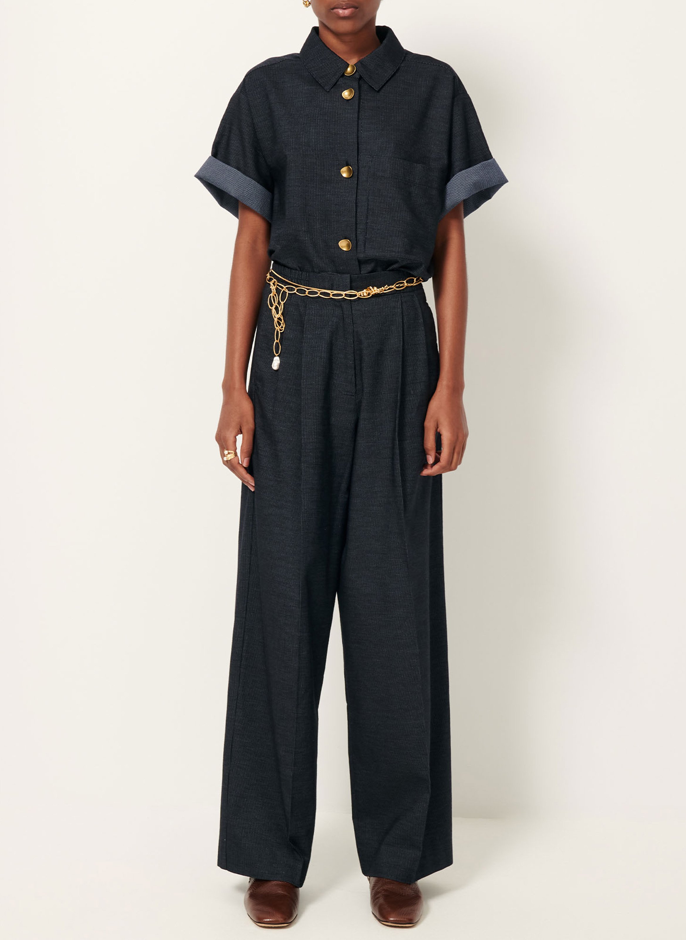 High-waisted straight-leg trousers in oxford fabric SESSUN Blue