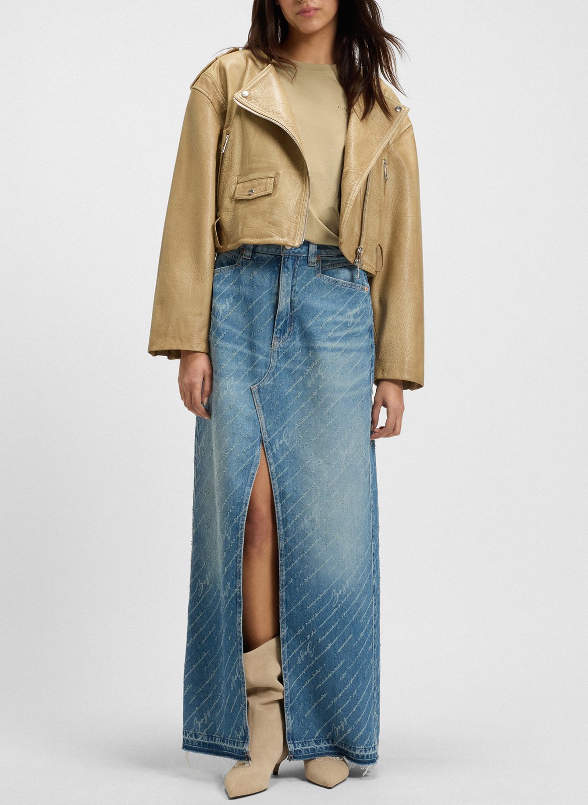 Tee-shirt droit col rond brodé en laine vierge BOSS Marron