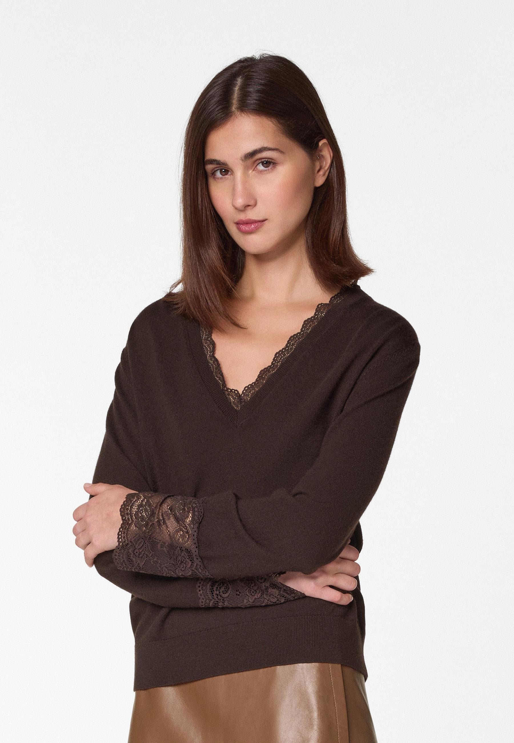 V-neck wool sweater with lace trim RODIER Brown