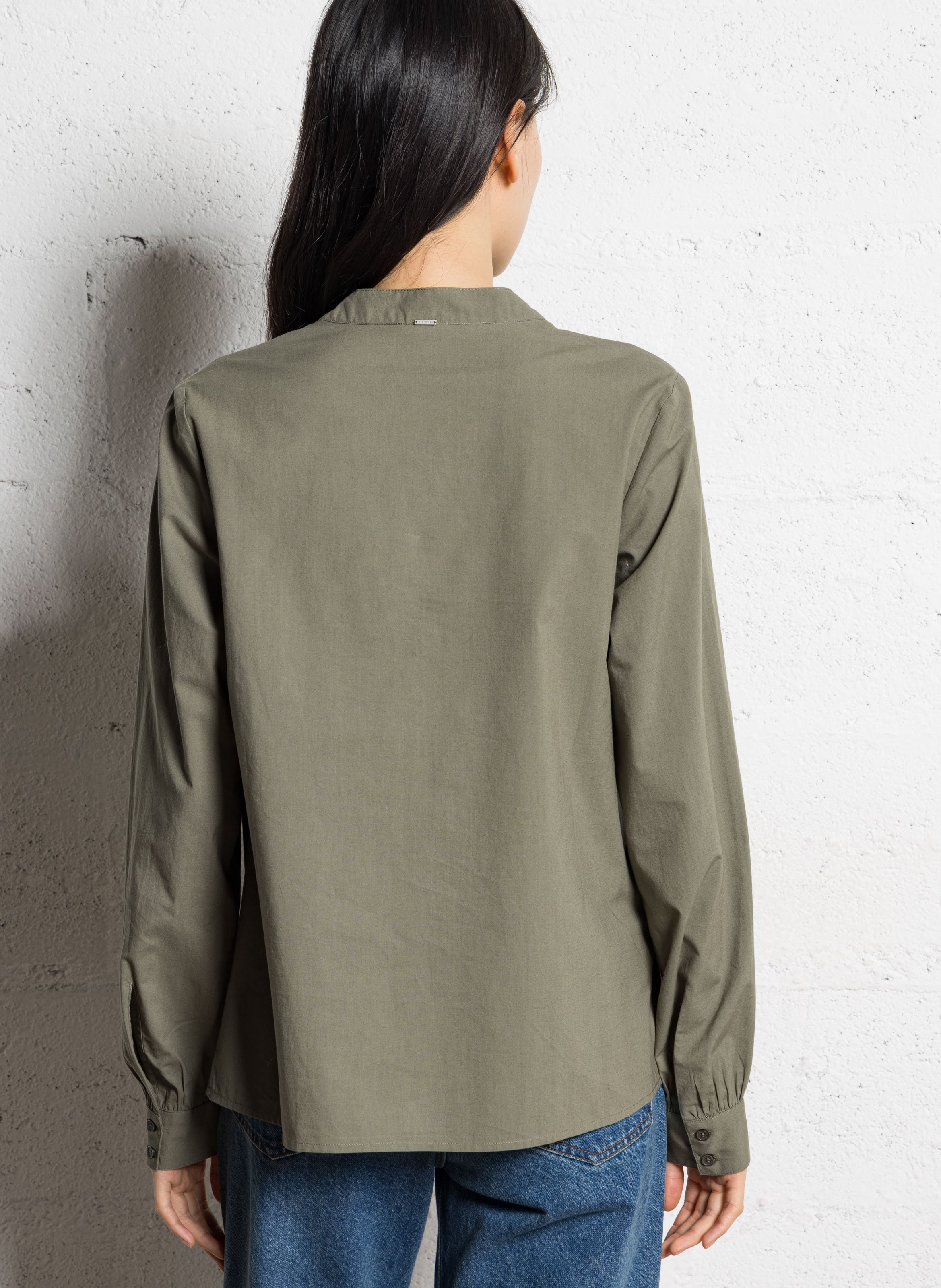 Oversized V-neck cotton embroidered blouse IKKS Khaki